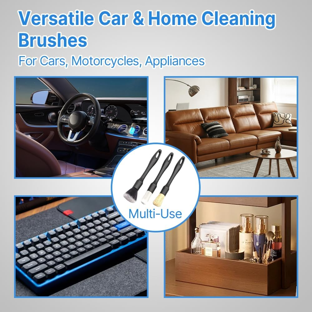 Car Detailing Brush Kit - 3-Piece Interior & Exterior Cleaning Brushes with Soft & Hog Bristles, Dashboard, Vent & Engine Detail Brush Set for Auto, Motorcycle, and Household Use image number 5