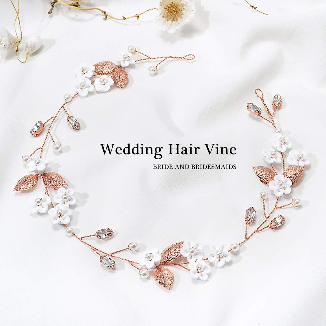 Jakawin Bride Flower Wedding Hair Vine Crystal Hair Piece Pearl Bridal Headpiece Leaf Hair Accessories for Women and Girls HV103 (Rose Gold) image number 1