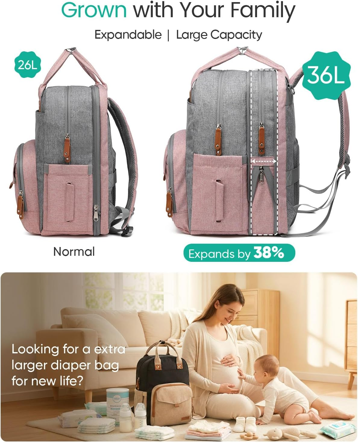 Extra Large Diaper Bag Backpack for Two Kids, Expandable 35L Baby Bags for Mom Girl Boy Dad Toddler - Large, Khaki image number 6