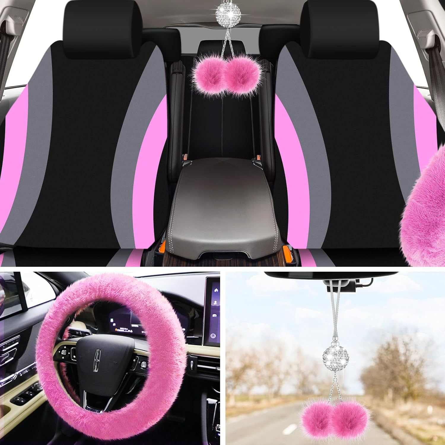 ROCEEI 43 Pcs Pink and Black Car Seat Cover Full Set for Women Christmas Fuzzy Car Accessories Fluffy Steering Wheel Cover Front Rear & Belt Handbrake Shift Accessory for Winter - Grass Green image number 6