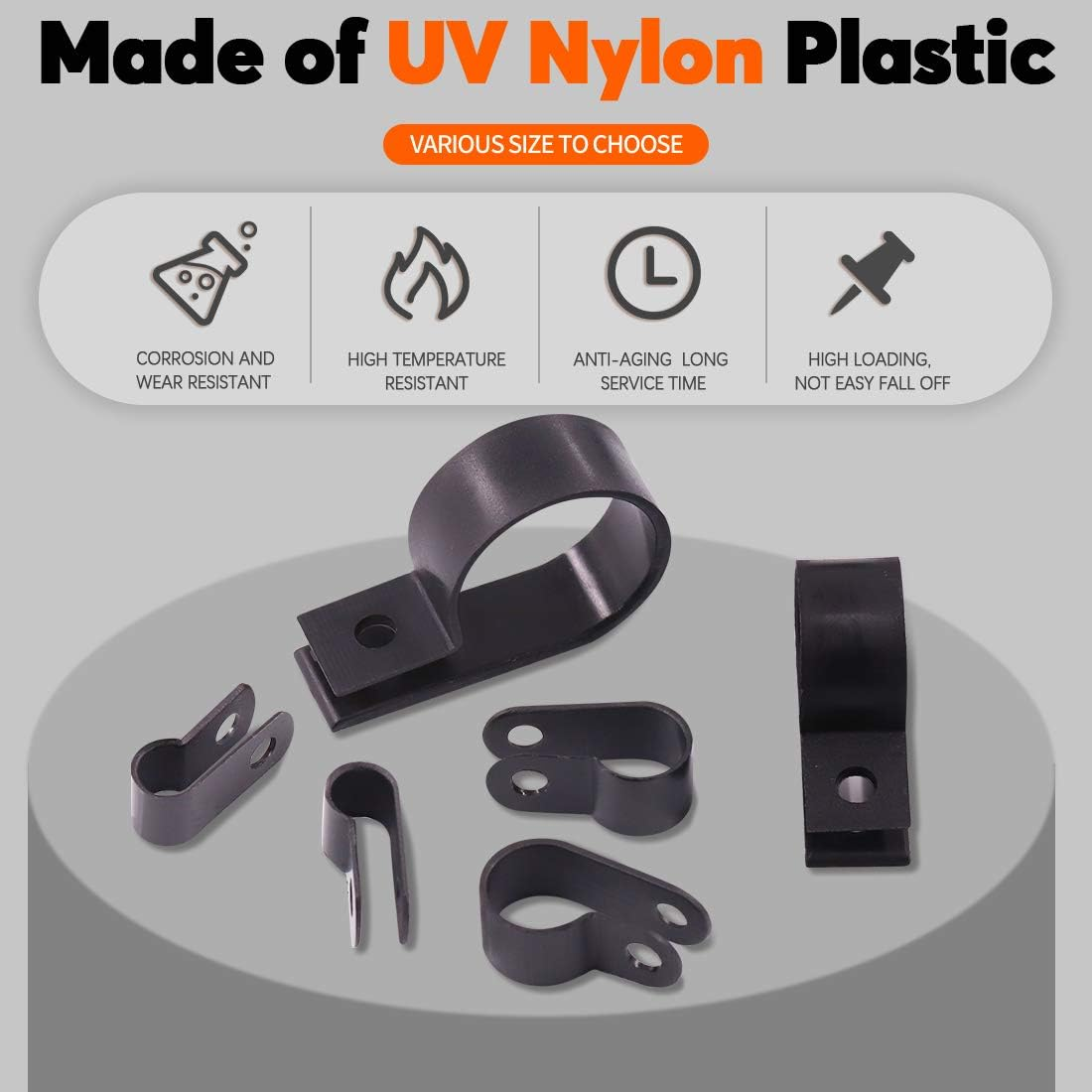 135 Pcs 6 Size Black Nylon R-Type Cable Clamp Clips Fasteners Assortment Kit with Mounting Screw and 135 Pcs Screws Organizer Cord Clips for Wire Management - White image number 2