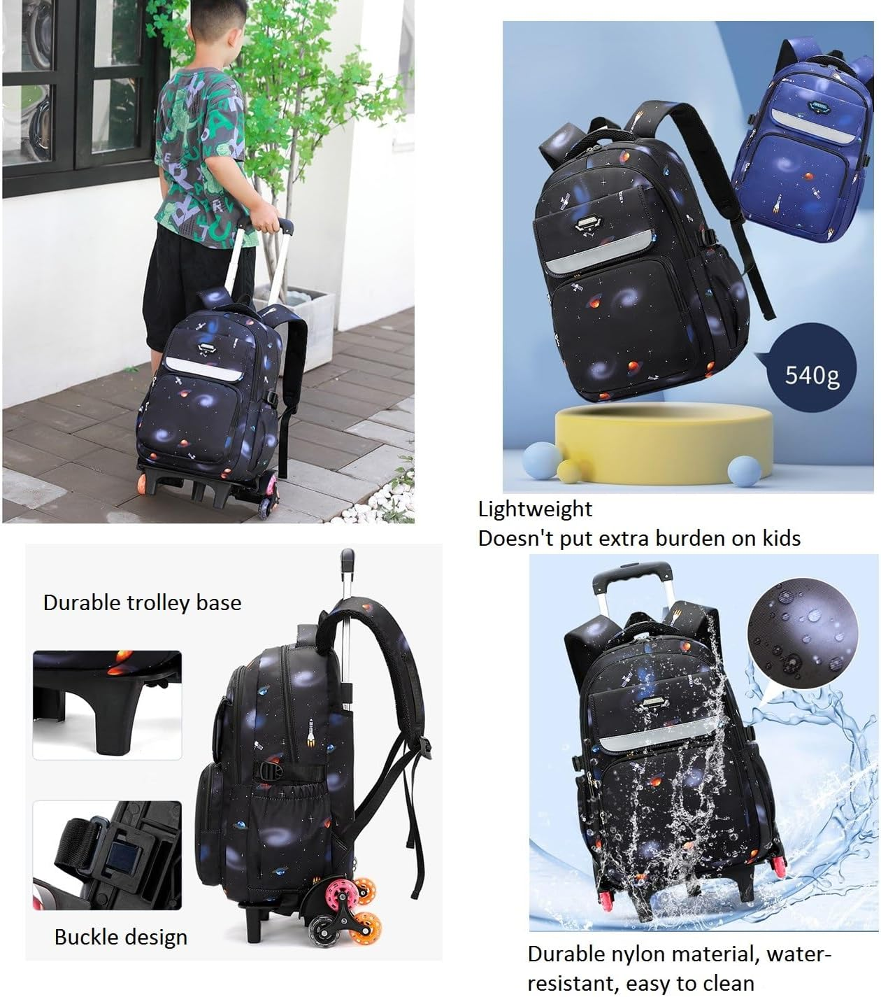 Galaxy Rolling Backpack for Boys Wheeled Backpack Kids Trolley School Bag - Style F-3Pcs Black Blue image number 2