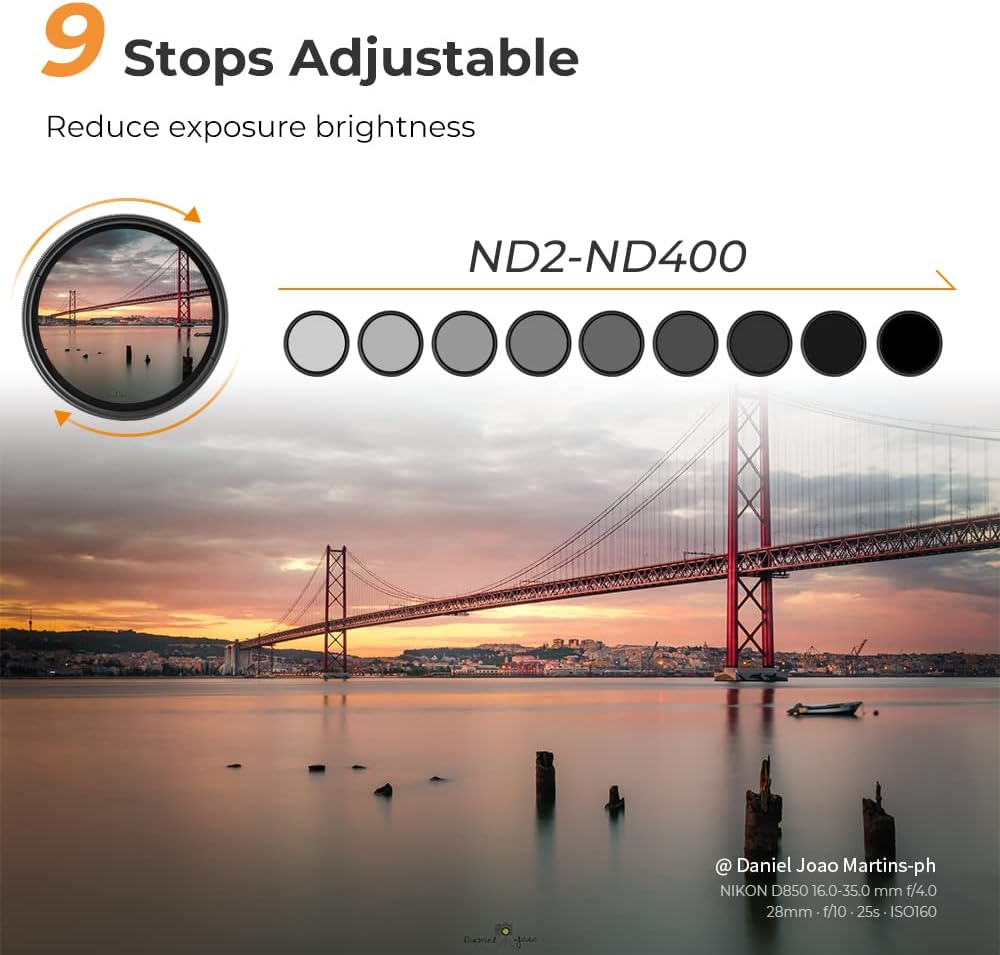 K&F Concept Variable ND Filter, Variable ND Dimmer Range, ND2 to ND400, 16-Layer Multi-Coating, Thin Frame Design (Authentic Domestic Product) (1.6 Inches (40.5 Mm), Variable ND (Multi-Coating)) image number 1