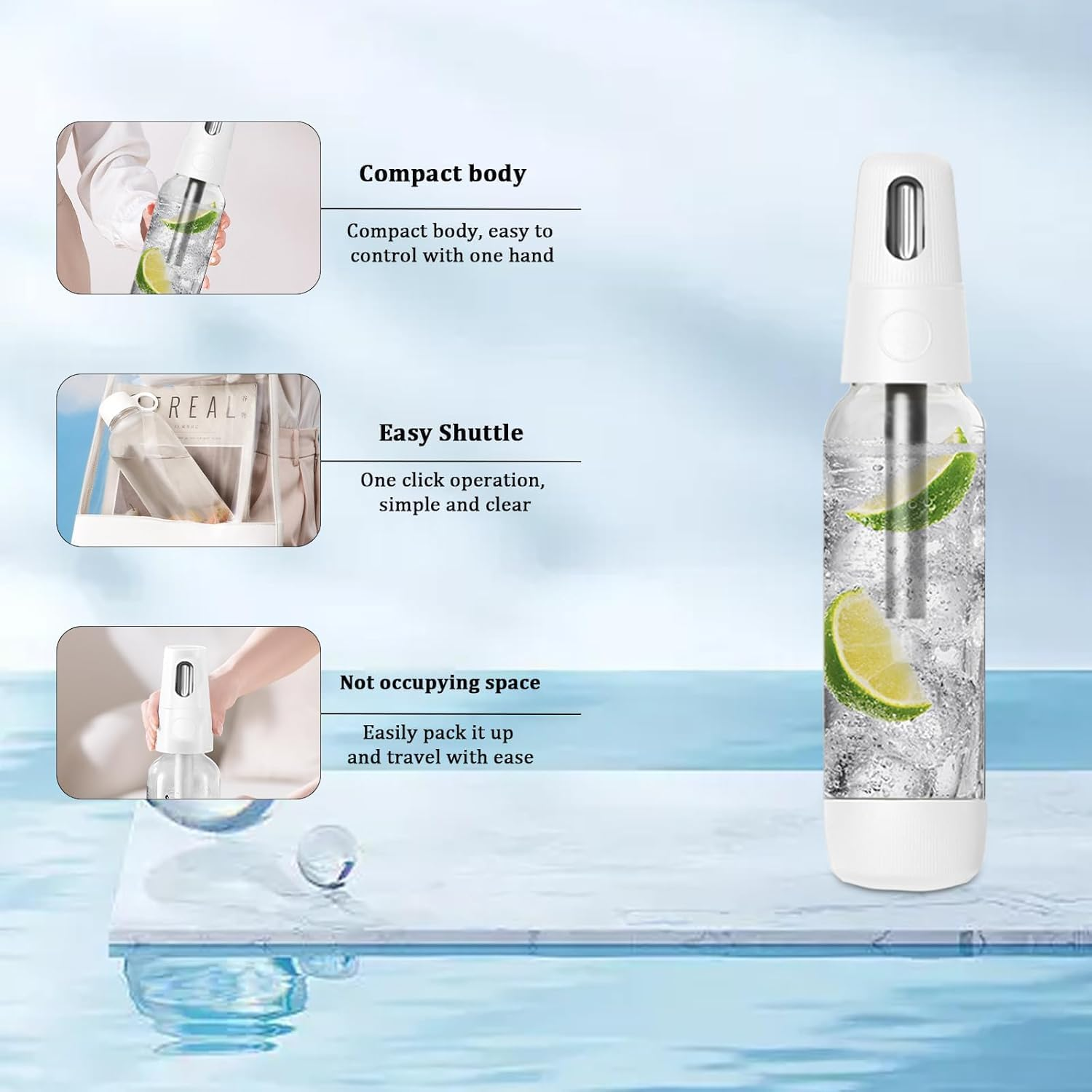 Portable Soda Siphon, 1L Travel Sparkling Water Maker Machine for Home & Outdoor, Soda Maker for Cocktails or Fizzy Drink,Use 8 Gram CO2 Cartridges (Not Included) image number 2