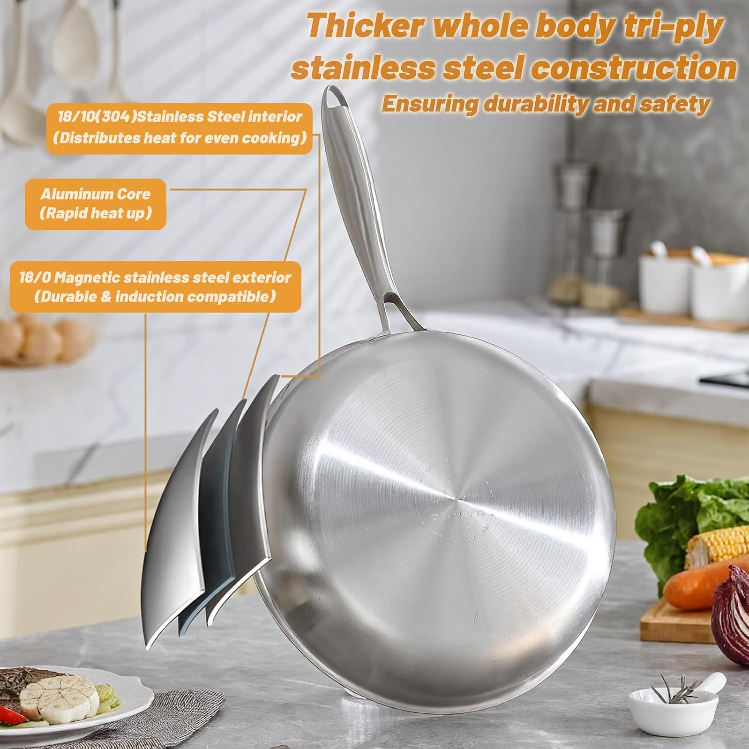 Frying Pans Stainless Steel - 24 Cm Tri-Ply Impact Frypan, Large Induction Uncoated Frying Pan, Dishwasher Safe Open Skillet with Stay-Cool Handle, Kitchen Cookware Works on All Cooktops image number 2