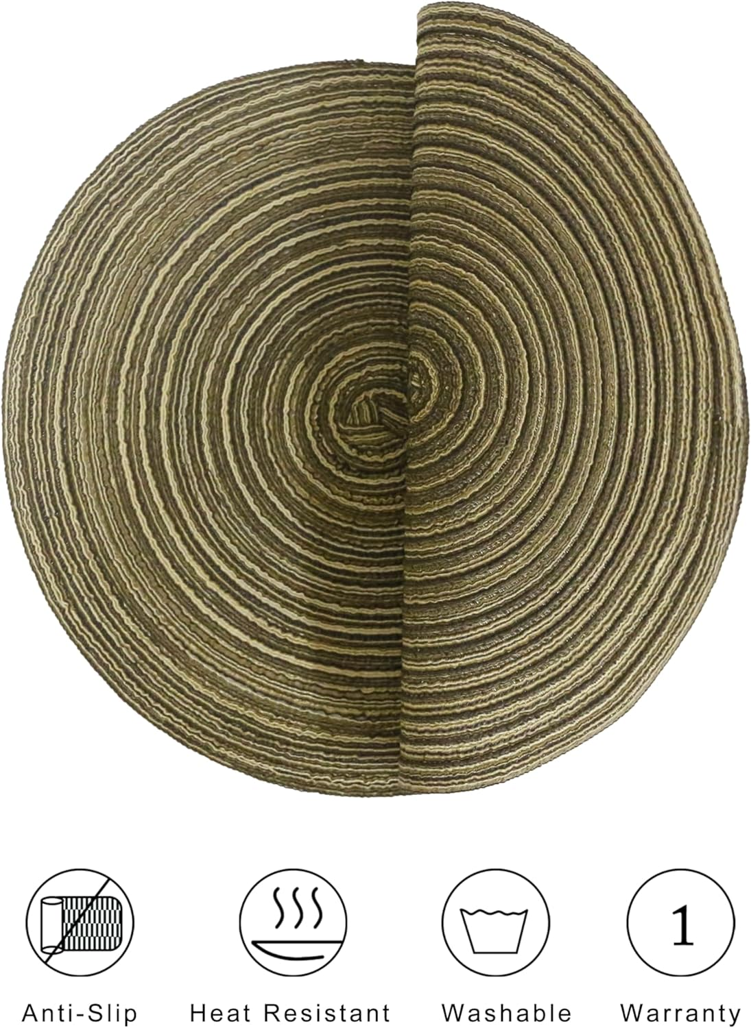 15 Inch round Placemats Heat-Resistant Stain Resistant Anti-Skid Washable Polyproplene Table Mats Braided Placemats (Set of 6,Brown)