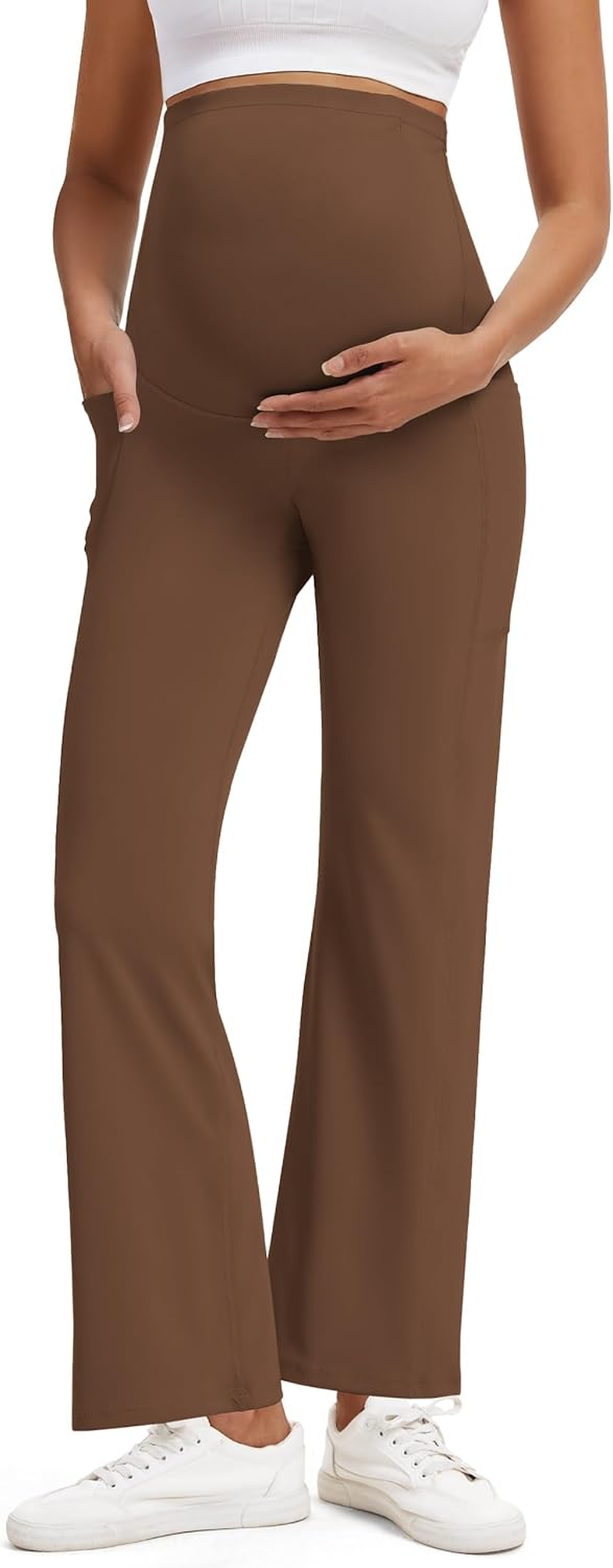 M MOTEEPI Maternity Yoga Pants over the Belly with Pockets - Stretchy Pregnancy Wide Leg Dress Trousers for Work Lounge