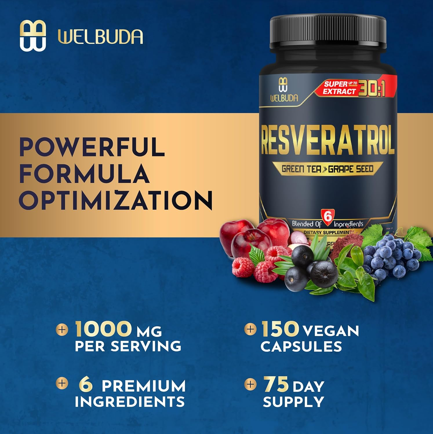 6In1 Resveratrol Supplement 28000Mg - 150 Capsules for Anti-Aging, Mind, Heart, Mood & Immunity Support - Green Tea, Grape Seed, Acai Fruit, Quercetin & Red Wine - 75-Serving Supply image number 6