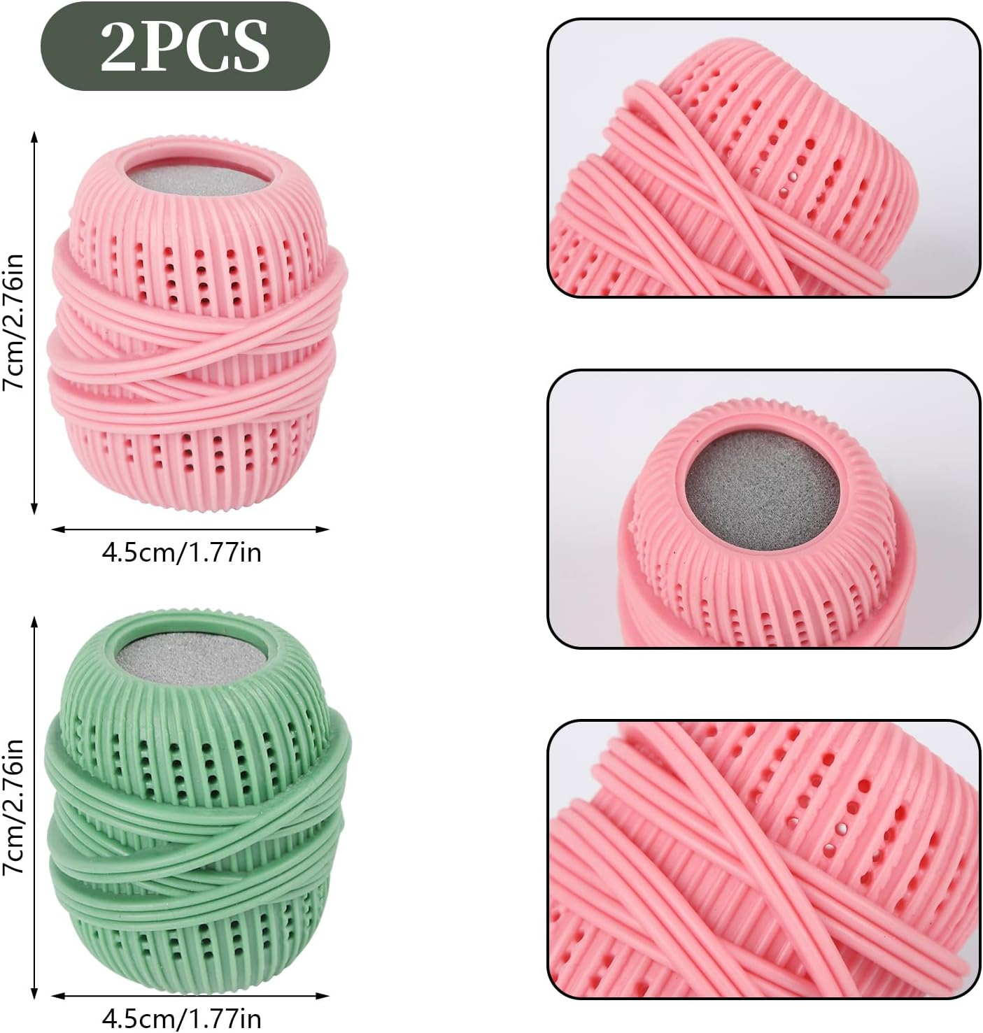 2 Pcs Reusable Washing Machine Lint Remover Balls, Anti-Entanglement Laundry Balls with Sponge for Deep Cleaning, Multi-Functional Eco-Friendly Washer Balls for Pet Hair & Lint Removal (Green & Pink) image number 3