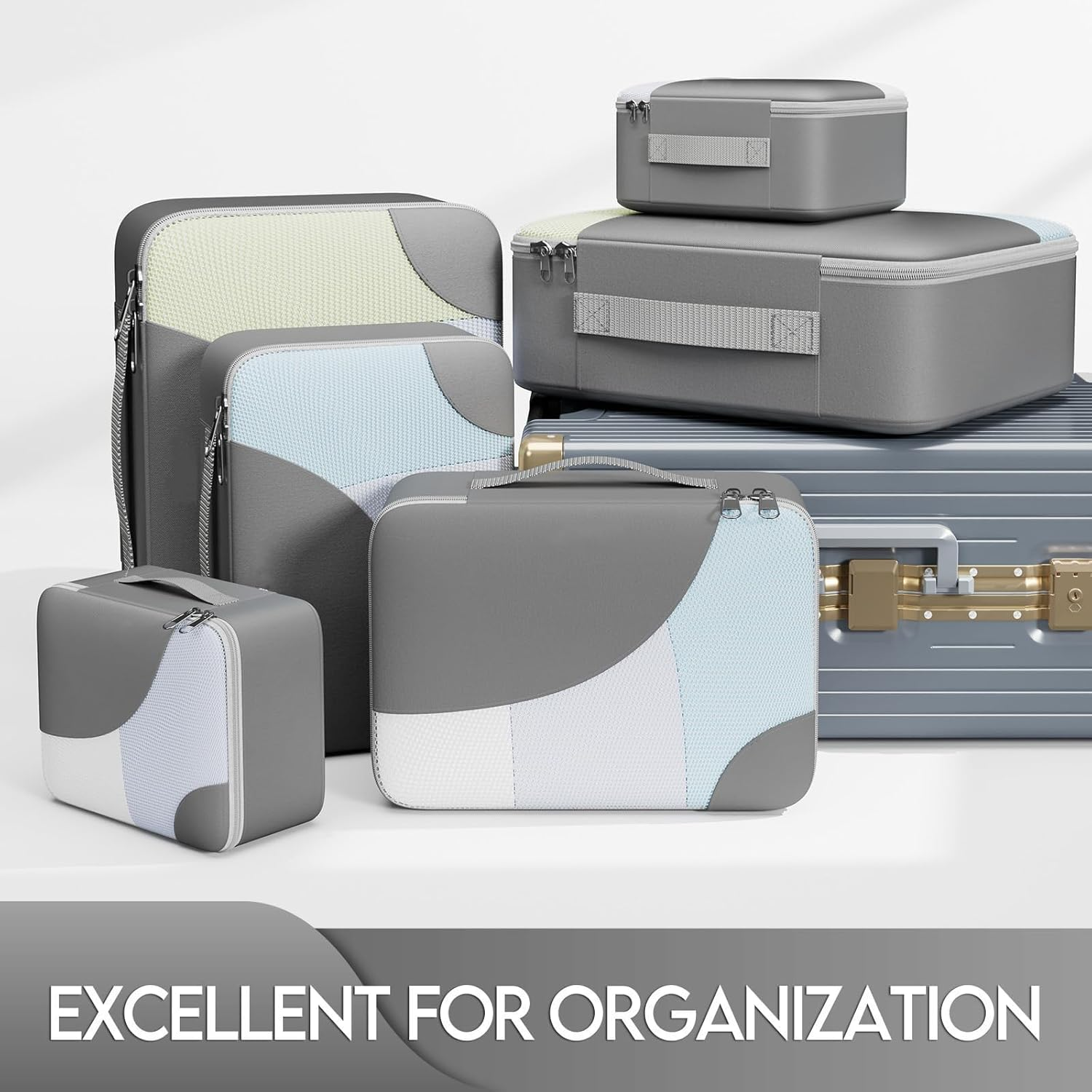 Travel Packing Cubes Set of 6 - Compression Organisers for Luggage & Travel Gear - 3 Sizes L/M/S - Travel Essentials for Men Women - Travel Compression Bags,Travel Accessories ，Grey Storage Cubes image number 1