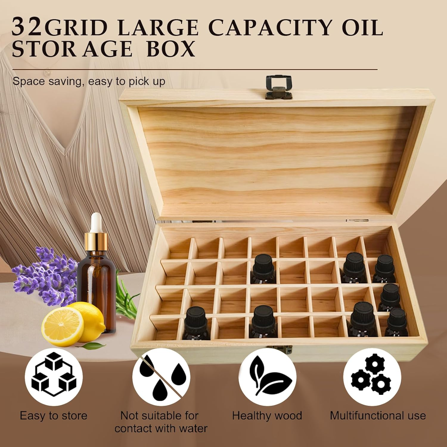 Pure Vie Wooden Essential Oil Storage Box Travel Organizer Case with Bottle Cap Label - Aromatherapy Nail Polish Fragrance Container, Holds 32 Bottle for 5-15Ml - Keep Scented Oil Safe & Space Saver image number 2