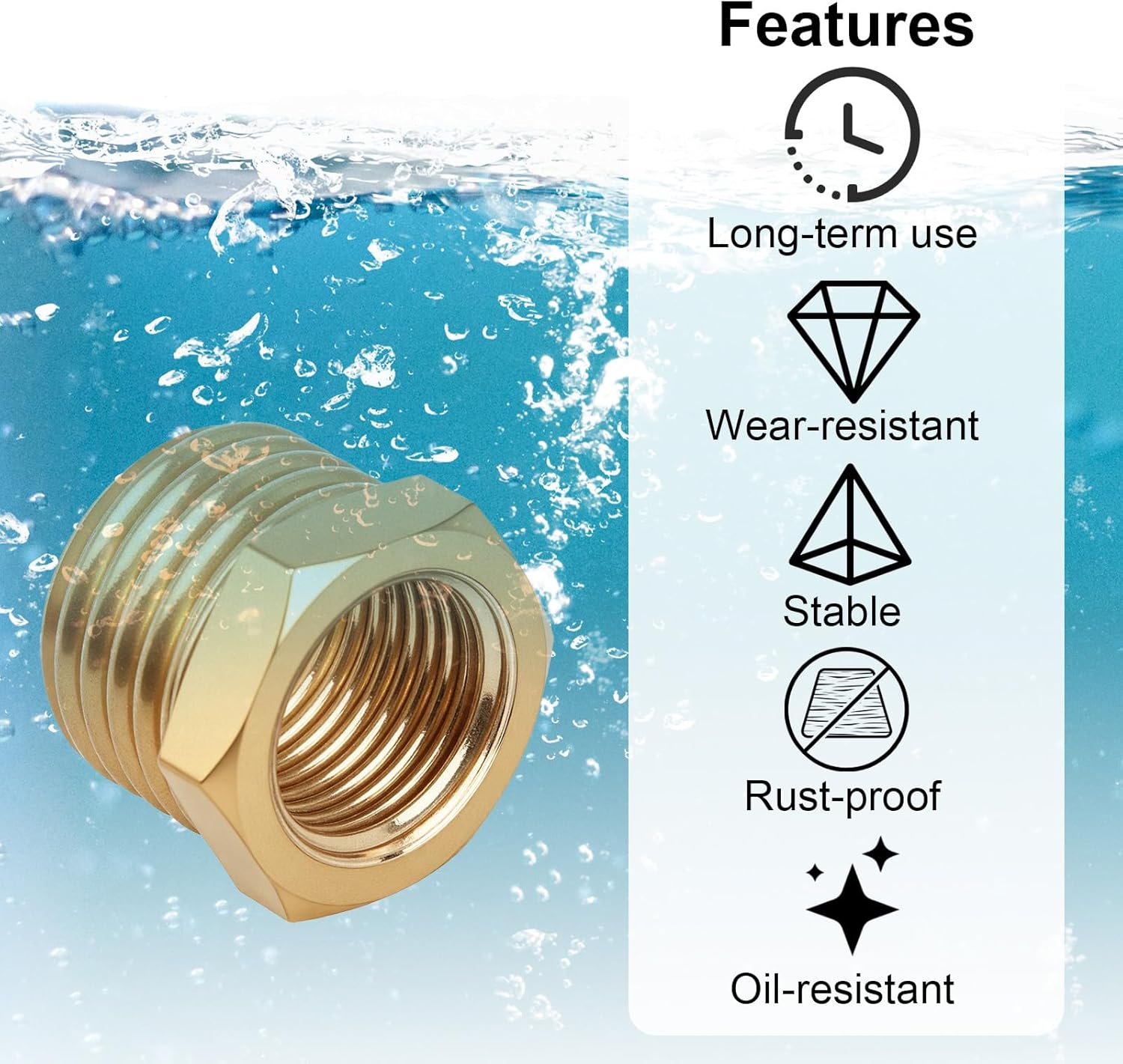 9Pcs Brass Reducer Hex Bushing, 1/4" NPT Male to 1/8" NPT Female Threaded Pipe Fitting Reducer Adapter for Plumbing Hydraulic Gas Applications image number 6