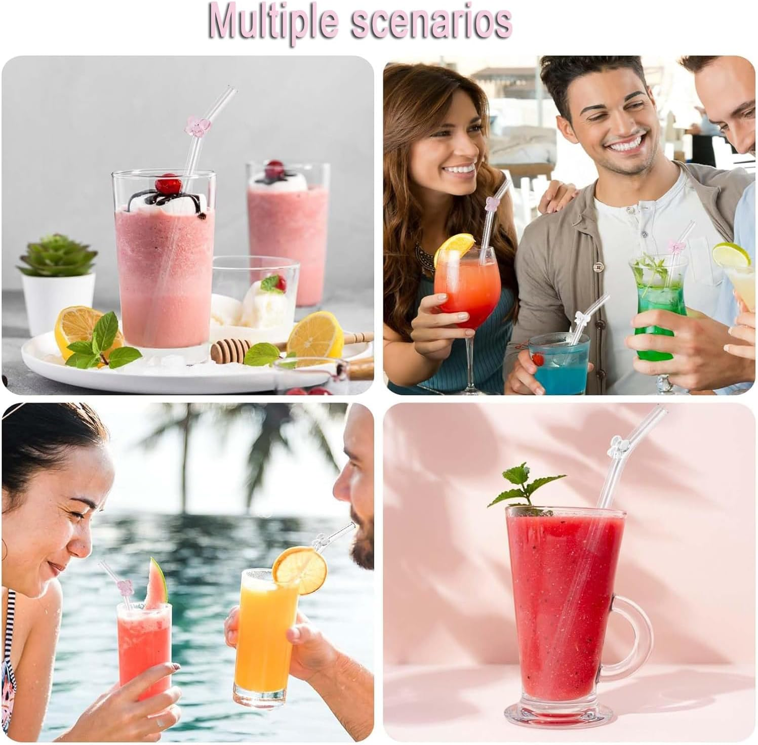 WADY 8 Pcs Reusable Glass Straws with 2 Cleaning Brushes - Colorful Shatter Resistant Drinking Straws, Dishwasher Safe for Juice/Smoothie/Tea, Eco Friendly Bow Design Straws image number 4