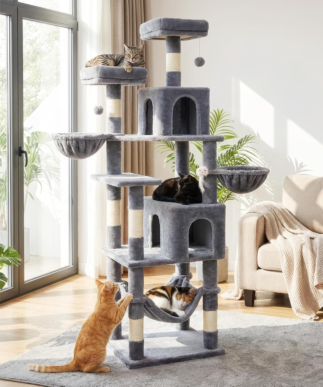 AMHANCIBLE Cat Tree, 180 Cm Tall for Indoor Adult Cats, Large Multi-Level Tower with Scratching Post, Hammock, Condos, Hanging Basket, Activity Center to Play and Sleep, Dark Grey, PT18DG