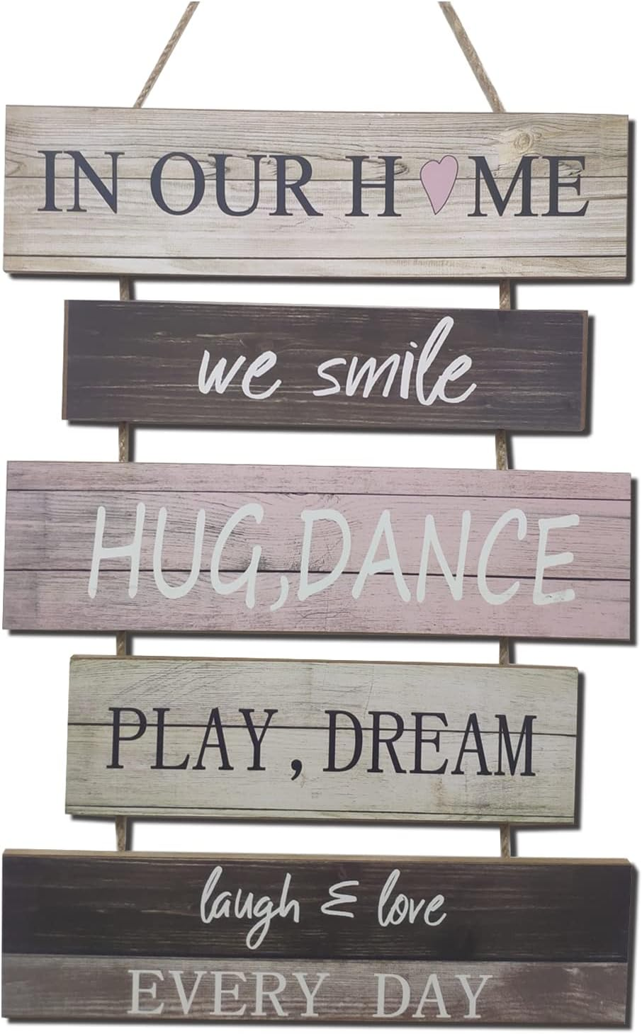 Gywyw Wall Hanging Sign, Rustic Wooden Hanging Welcome Wall Sign Decor, (We Smile, Hug, Play, Dream, Laugh & Love Every Day) - Home Wall Decoration Sign for Living Room, Bedroom, Family, Farmhouse And image number 4