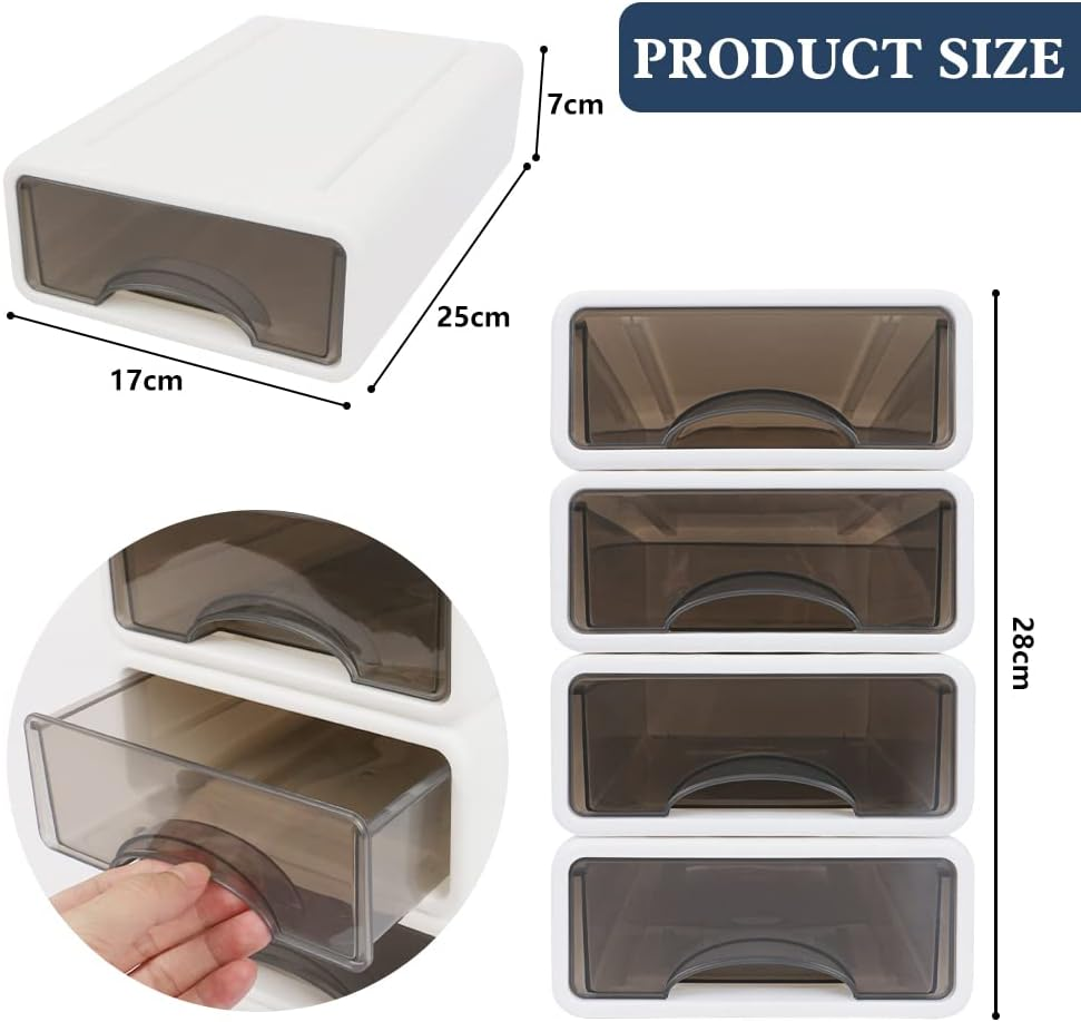 Desk Storage Box Stackable Desktop Storage Drawers for Stationery Supplies, Plastic Desk Organizer Desk Supplies Storage Organiser for Office, Dorm, Bathroom(4Pcs)