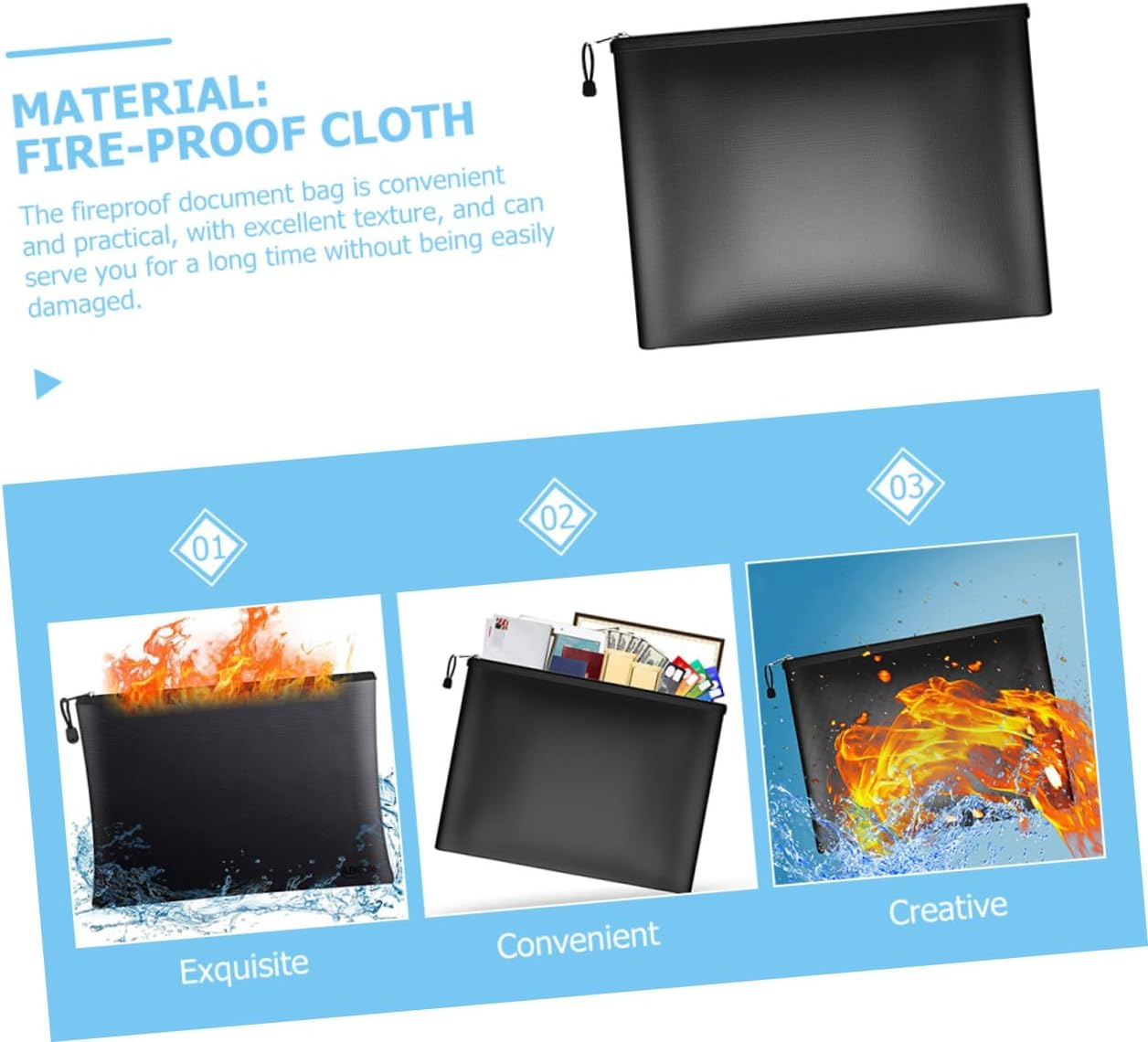 VILLFUL Fireproof Document Bag Organizer Pouch Medium Protection for Important Papers Travel Business Use Safe Storage image number 2