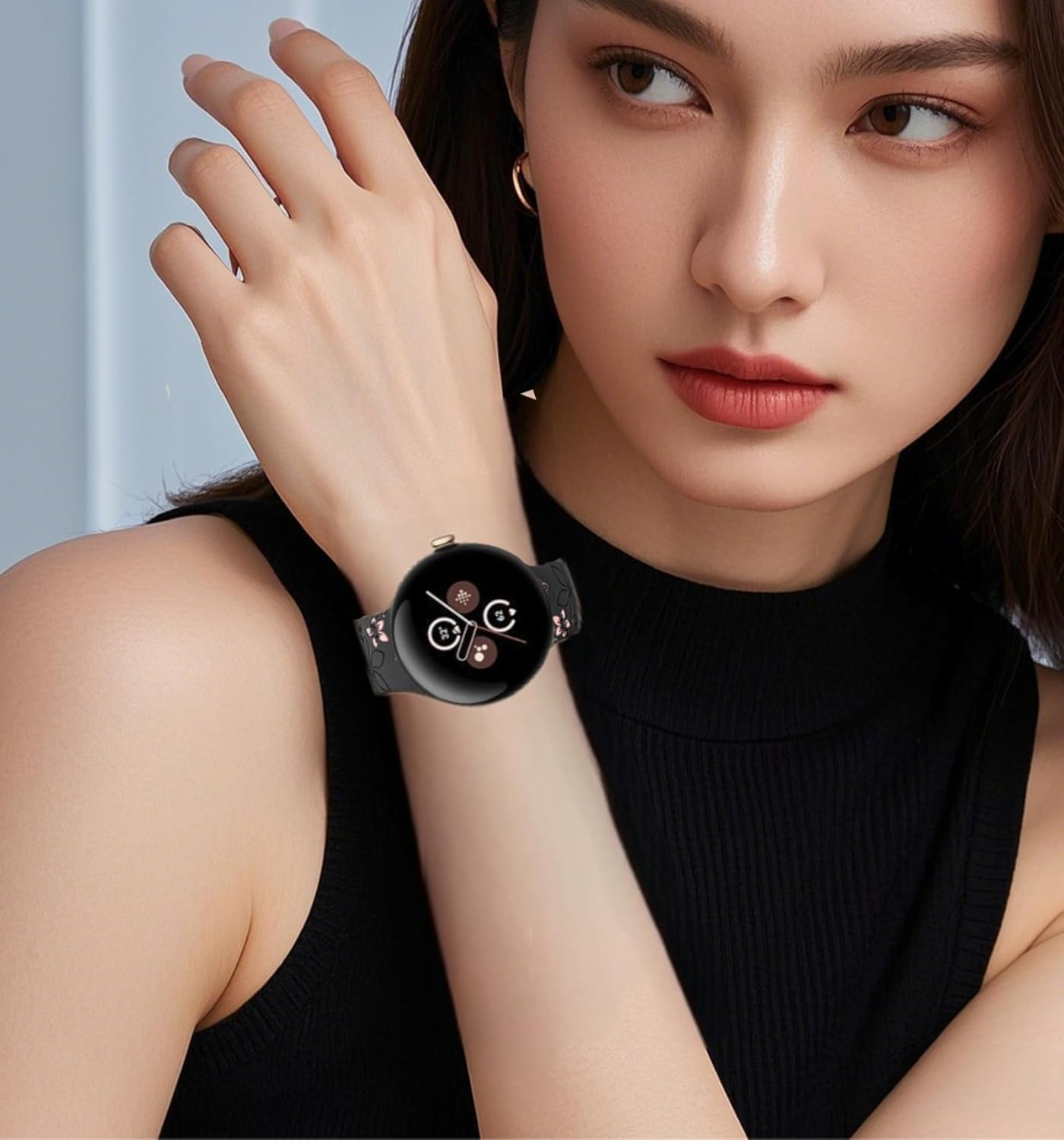 Two-Tone Floral Engraved Band Compatible with Google Pixel Watch 3 2 1 41Mm/ Pixel 3 45Mm, Flower Soft Silicone Sport Strap for Pixel Watch 3 2 1 Women Men image number 1