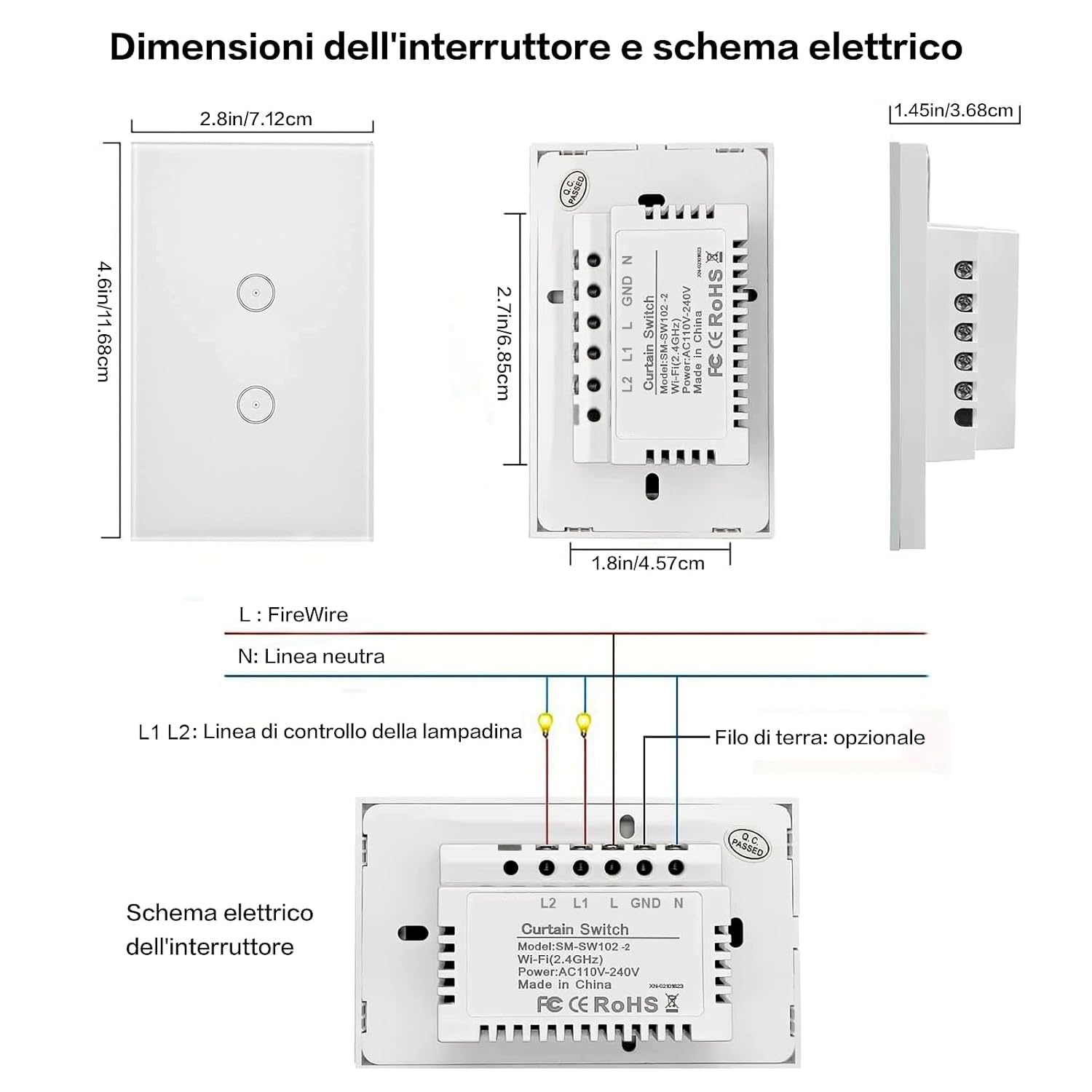 Useelink Wifi Smart Wall Light Switch,Glass Touch Panel 220V 2 Gang 10A 1000W Compatiable with Ios/Android,Compatible with Alexa, Google Assistant, No Hub Required White SAA