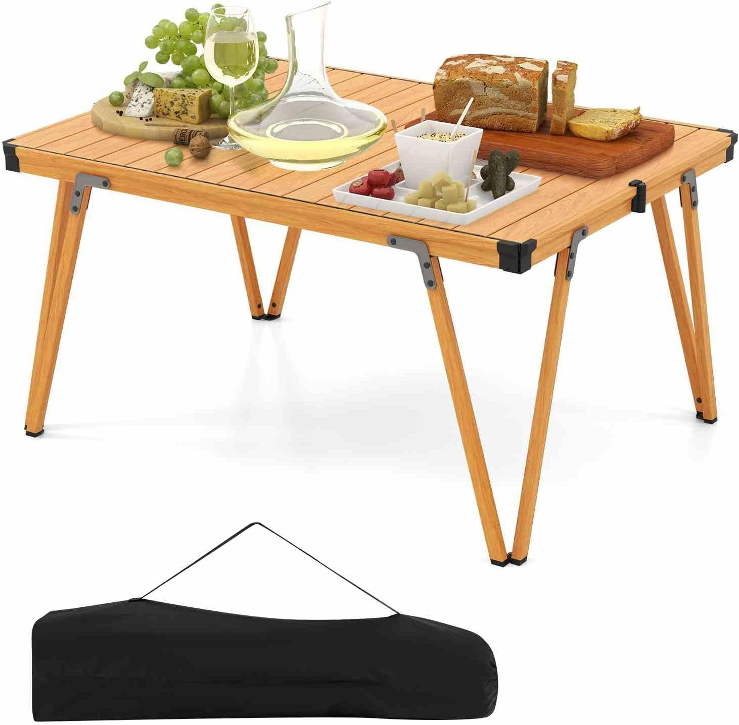 Costway Folding Camping Table, Picnic Table W/Storage Bag and Waterproof Desktop, Light Weight Roll-Up Desk with Aluminum Structure, Available for Both Outdoor & Indoor, 80Kg Load Capacity (Brown)