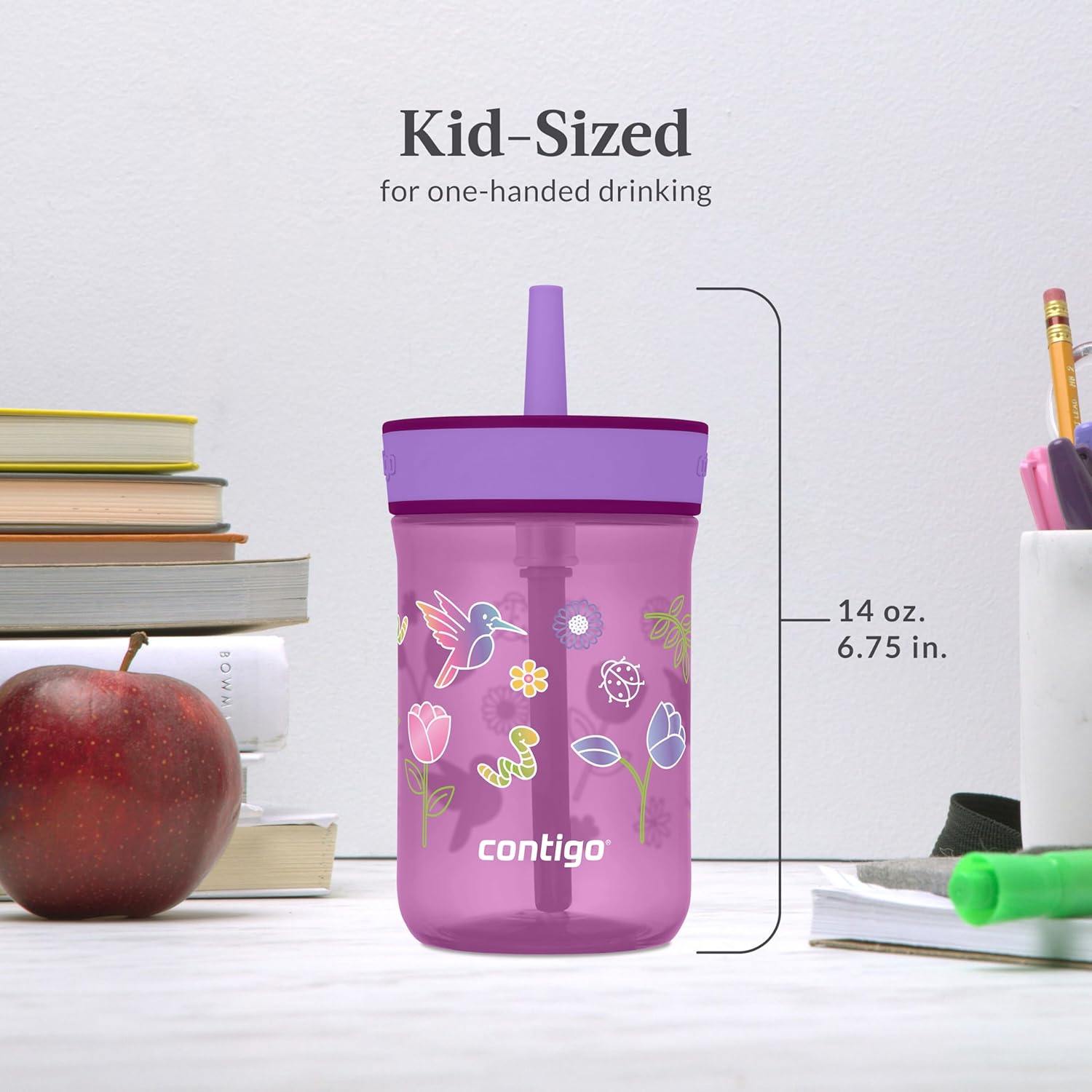 Contigo Leighton Straw Tumbler, 14 Oz, Grape (Tulips)