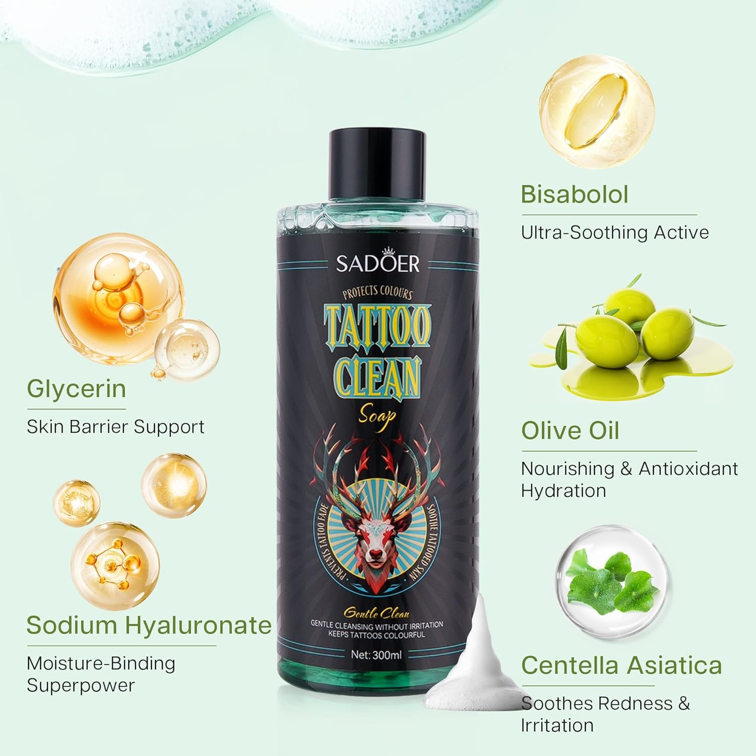 Olephira SADOER Ultra-Concentrated Tattoo Green Soap 10Oz with Foaming Bottle 120Ml, 1:10 Dilution Tattoo Soap Supplies for Tattoos Piercings, Clean Skin Equipment