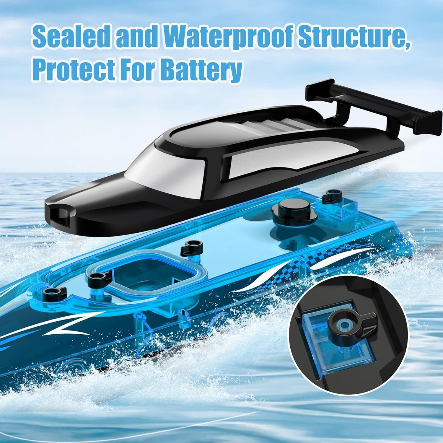B-Qtech Remote Control Speedboat RC Boat, High Speed ​​RC Waterproof Boat with LED Light, 2.4Ghz Racing Boats for Pools and Lakes with 2 Battery Games, Rowing Toy for Kids&Adults image number 2
