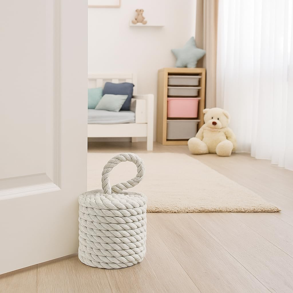 White Rope Door Stop, 16 X 16 X 25 Cm, Cylinder Shape, Decorative Nautical Door Stop, Heavy Duty for Indoor and Outdoor Use, Elegant Fabric with Handle