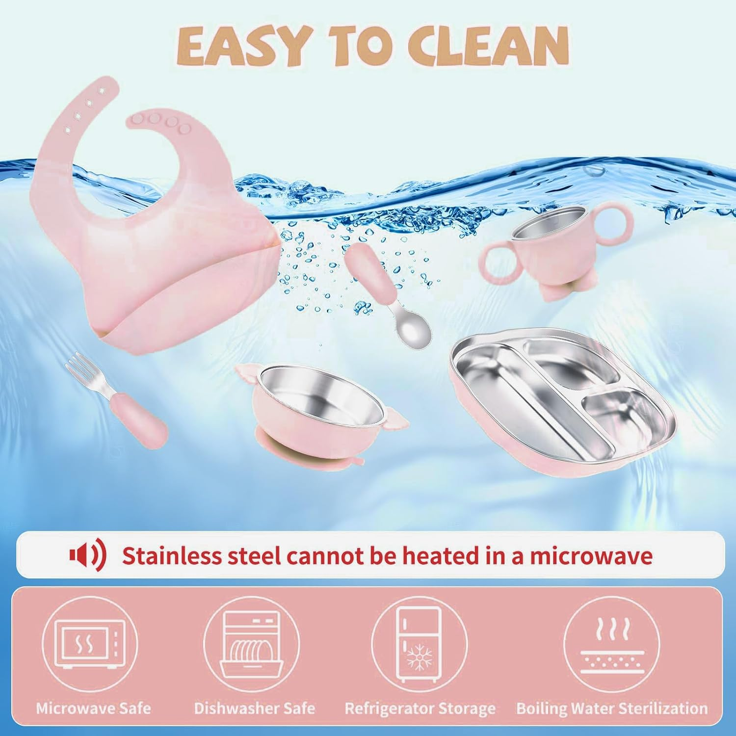 6-In-1 Stainless Steel Baby Feeding Set，Contain Deep-Divide Toddler Plates, Bowls, Cup, Utensils & Bib &ndash; Bpa-Free 304 Steel + Silicone Suction &ndash; Dishwasher Safe ﻿ image number 2