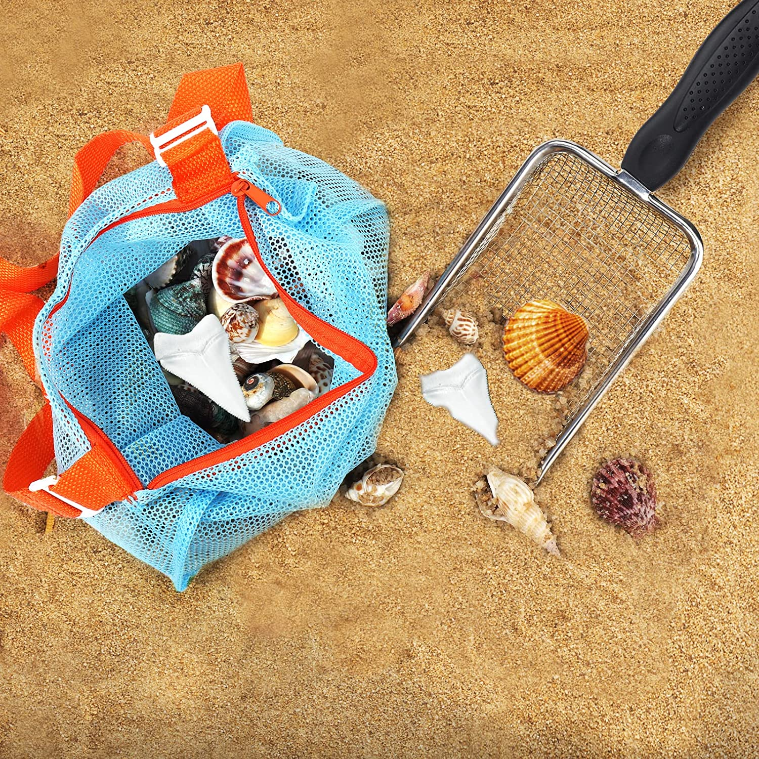 Beach Mesh Shovel with Mesh Beach Bag for Filter Sand, Kids Shell Collecting Scooper for Picking up Shells, Shark Tooth Sifter for Boys and Girls, Beach Toy image number 6