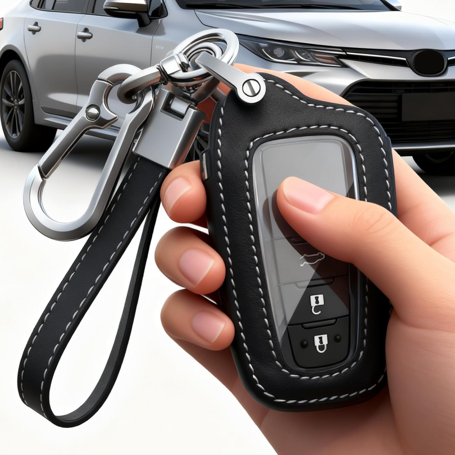 Pacify Key Fob Cover for Toyota Leather Car Key Fob Protector Key Holder Case with Keychain Lanyard 2/3 Buttons Compatible with Camry RAV4 Highlander Avalon C-HR Prius Corolla GT86 (Black) - Black image number 2