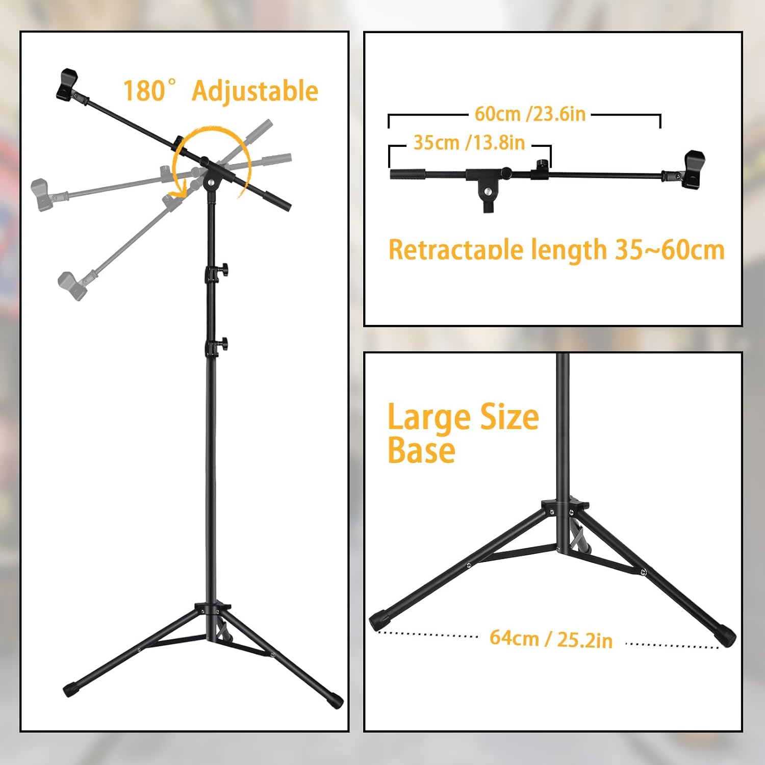 Lemxadd Tripod Mic Stand Floor Boom Arm for Blue Yeti Shure SM58 SM57 SM48 Samson Q2U Fifine K6 K688 AM8, Floor Microphone Stand with Carrying Bag, 3/8" to 5/8" Adapter, 2 Mic Clips and Cable Ties image number 3