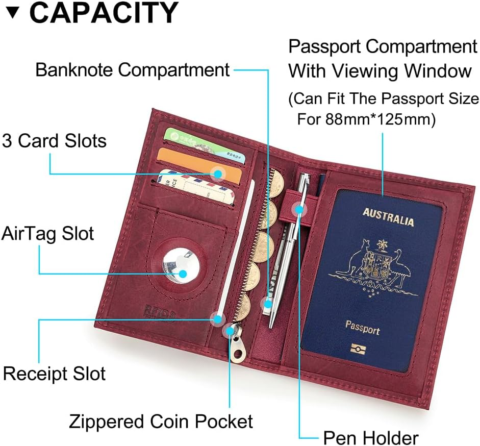 Contacts Full Grain Leather Passport Holder for Women RFID Blocking Travel Passport Wallet Slim Compatible with Airtag Passport Case with Coin Pocket, 4 Card Slot (Badge, Red) image number 7