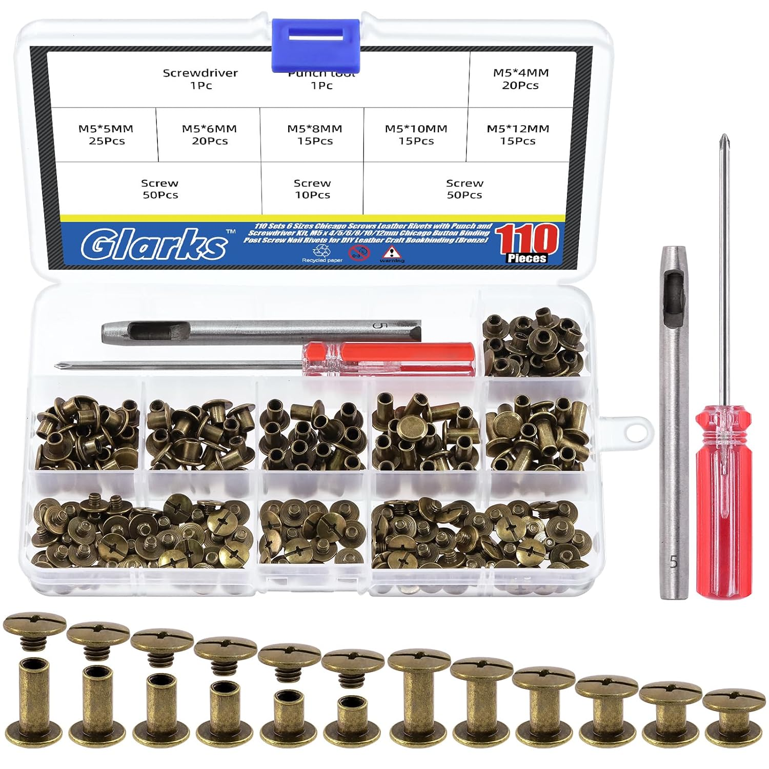 Glarks 110 Sets 6 Sizes Chicago Screws Leather Rivets with Punch and Screwdriver Kit, M5 X 4/5/6/8/10/12Mm Chicago Button Binding Post Screw Nail Rivets for DIY Leather Craft Bookbinding (Black)