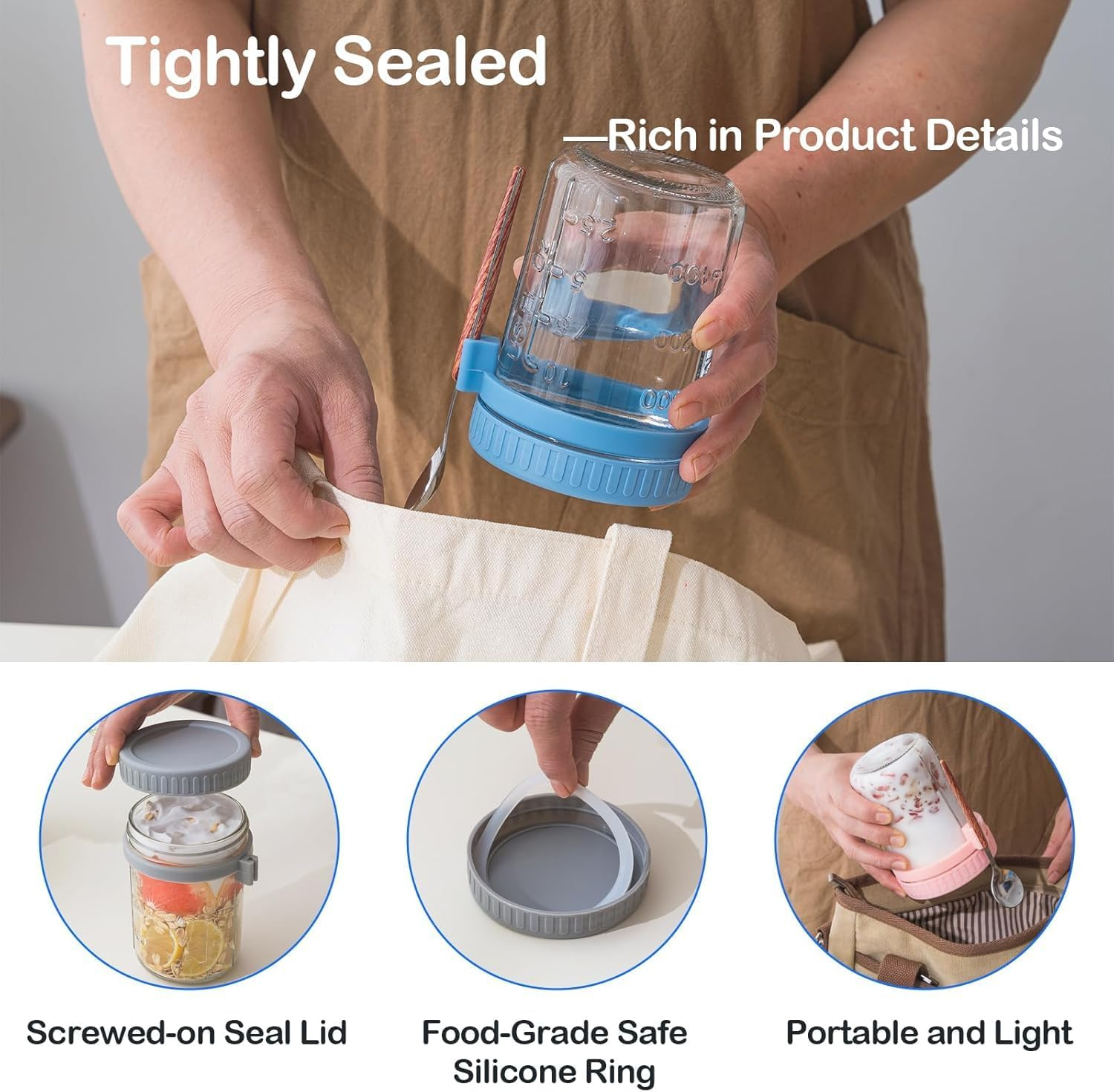 6 Pack Overnight Oats Containers with Lids and Spoons, 16 Oz Mason Jars with Removable Separate Compartments, Airtight and Leak-Proof Glass Jars for Chia Pudding, Yogurt, and Oatmeal image number 1