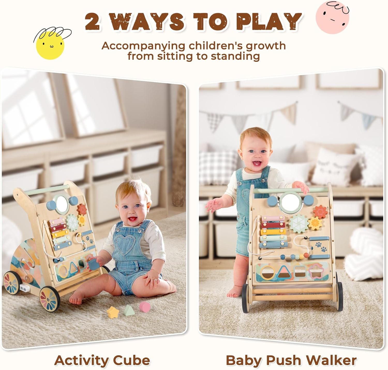 Lol-Fun Wooden Baby Walker with Detachable Busy Board Adjustable Speed Wheels for Boys Girls 6-12 Months