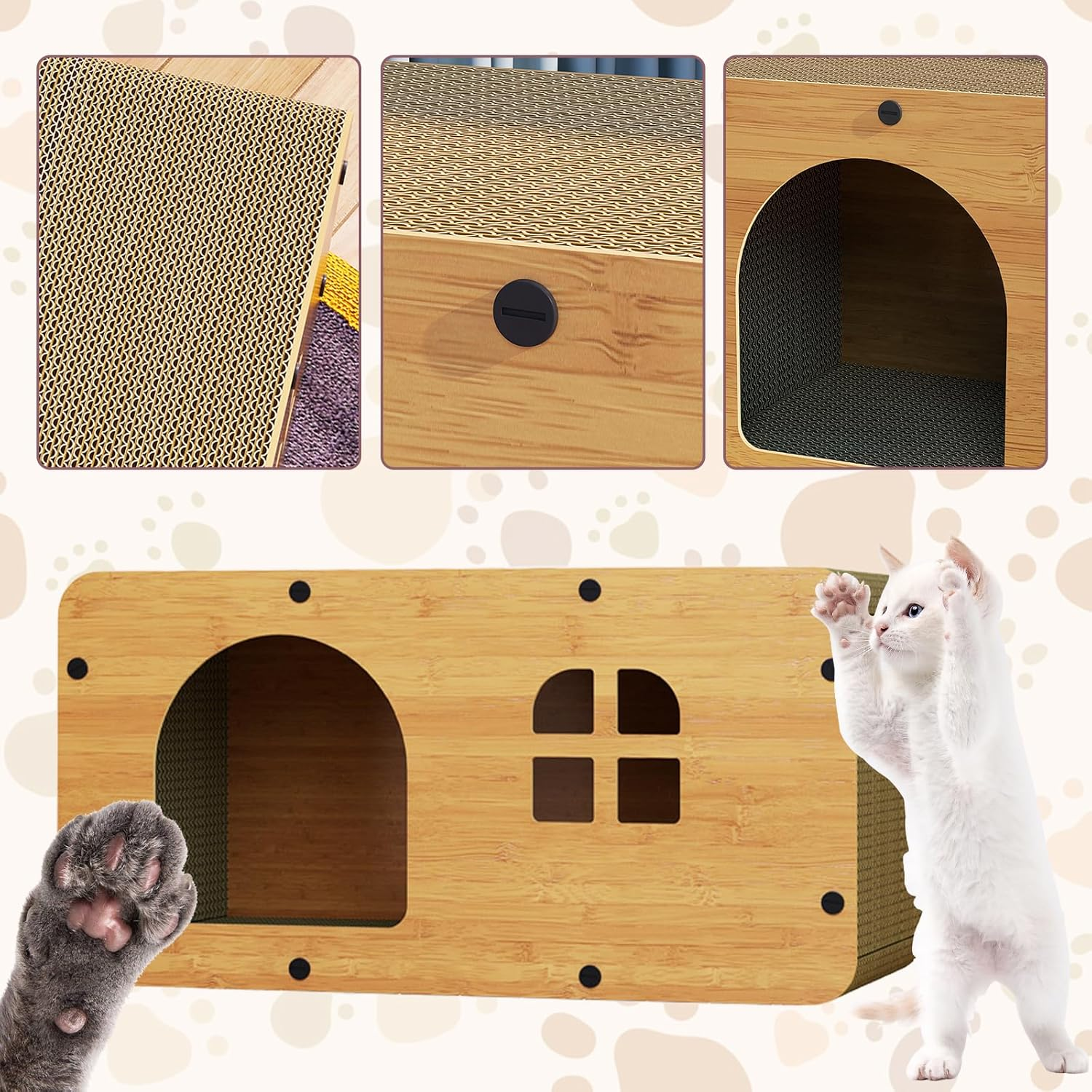 Cardboard Cat House 2 in 1 Corrugated Cardboard Cat Scratcher Lounge Bed for Cats Board Wood Double Layer Cat House with Scratching Pad with Fluffy Ball Extra Large