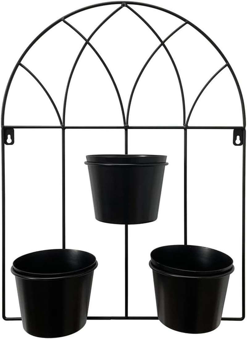 Willow & Silkindoor Outdoor Garden Yard Decor Art Black Metal Arch Design 3-Pot Wall Planter image number 3
