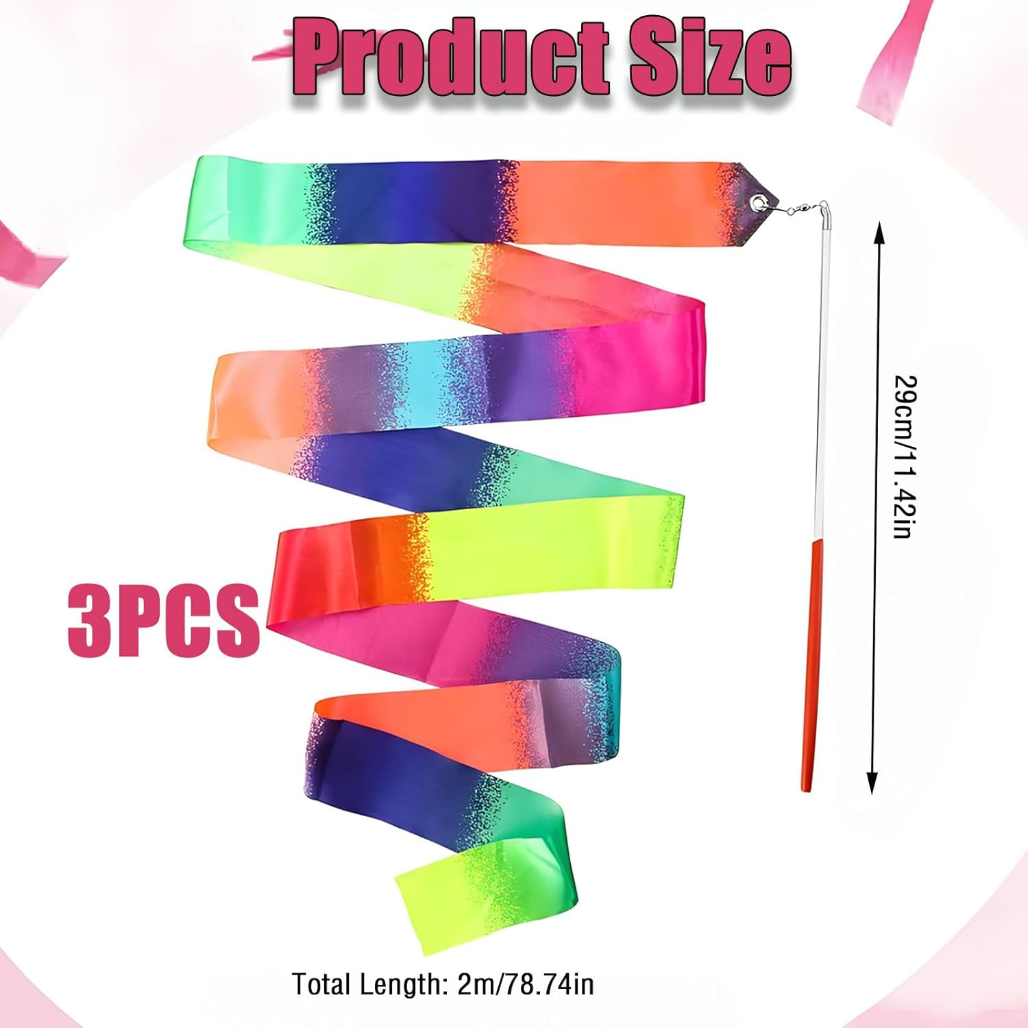 3Pcs 2 Meter/78.74 Inch Gradient Dance Ribbons with Rod,Rainbow Streamers Rhythmic Gymnastics Ribbon, Dancer Ribbons with Twirling Wands for Talent Shows, Artistic Dancing,Gymnastics Dance image number 2