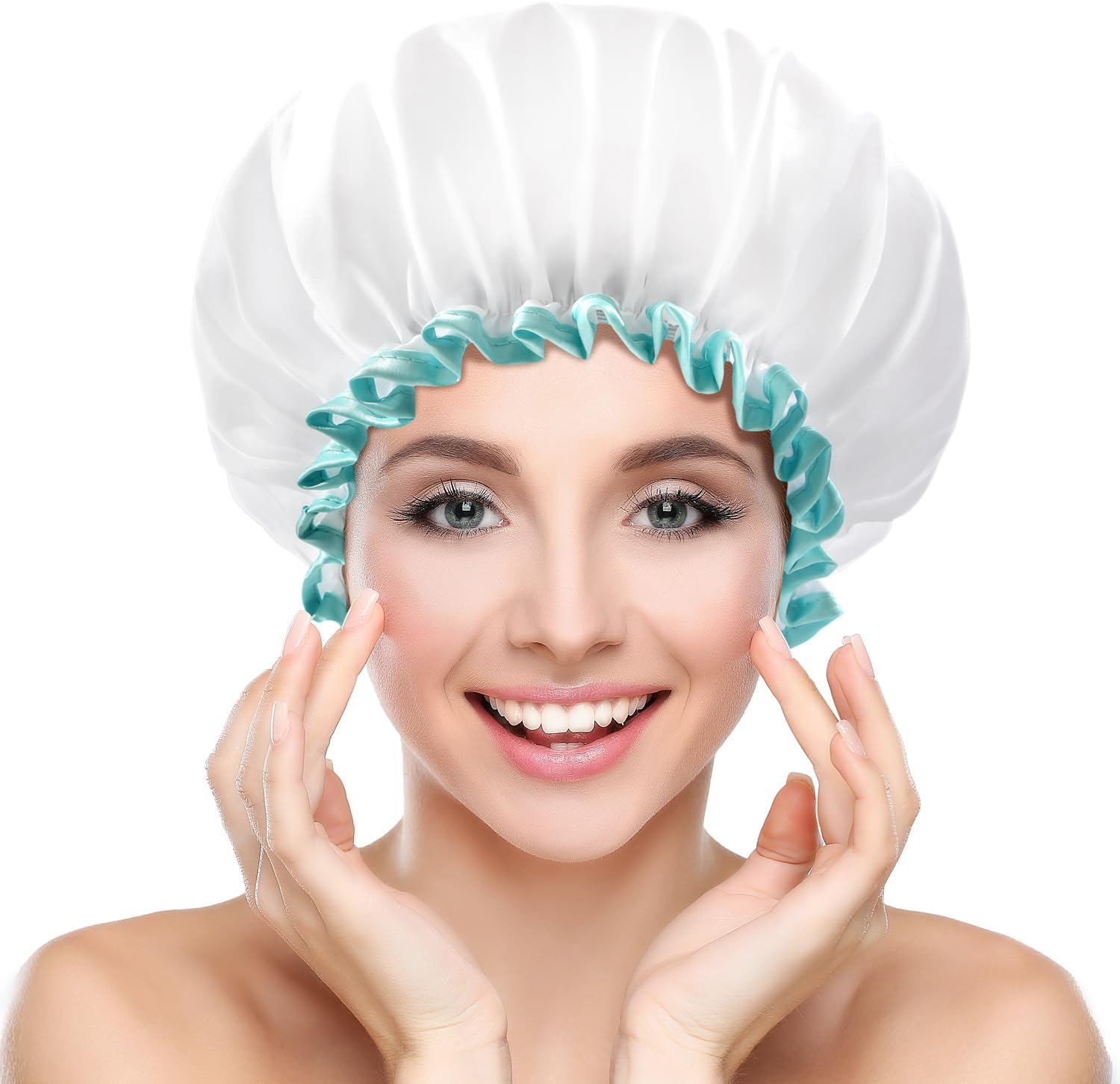 Mikimini Shower Cap for Women and Girls,Reusable,Waterproof, Washable, Cute and Soft,White