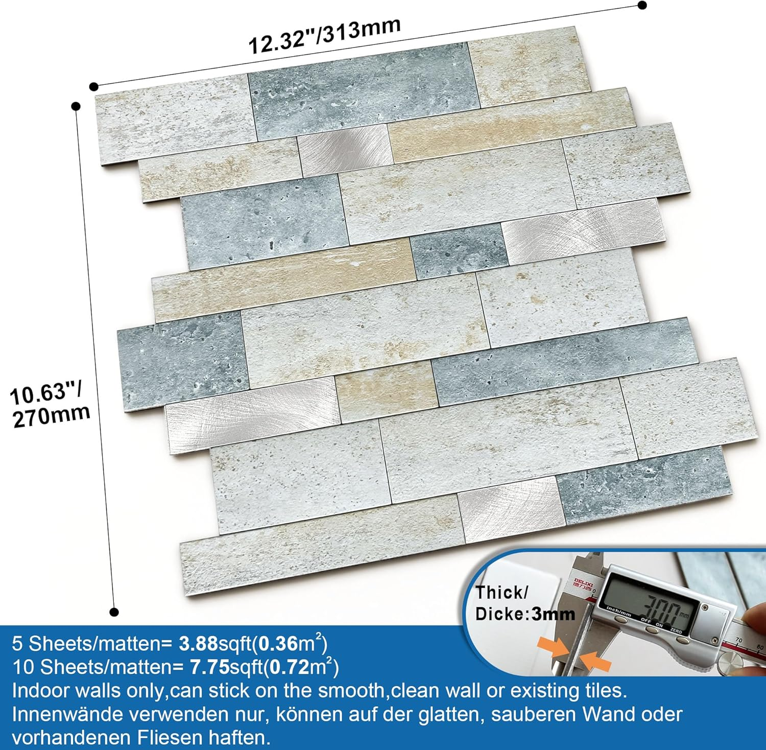 M MOFIT Backsplash Tile for Kitchen Peel and Stick Stone Matte Finish,Bathroom Tiles Stickers 3D Wall Panel Linear Mosaic Marble Backsplash Waterproof(10Sheets,Blue Green Gray) image number 3