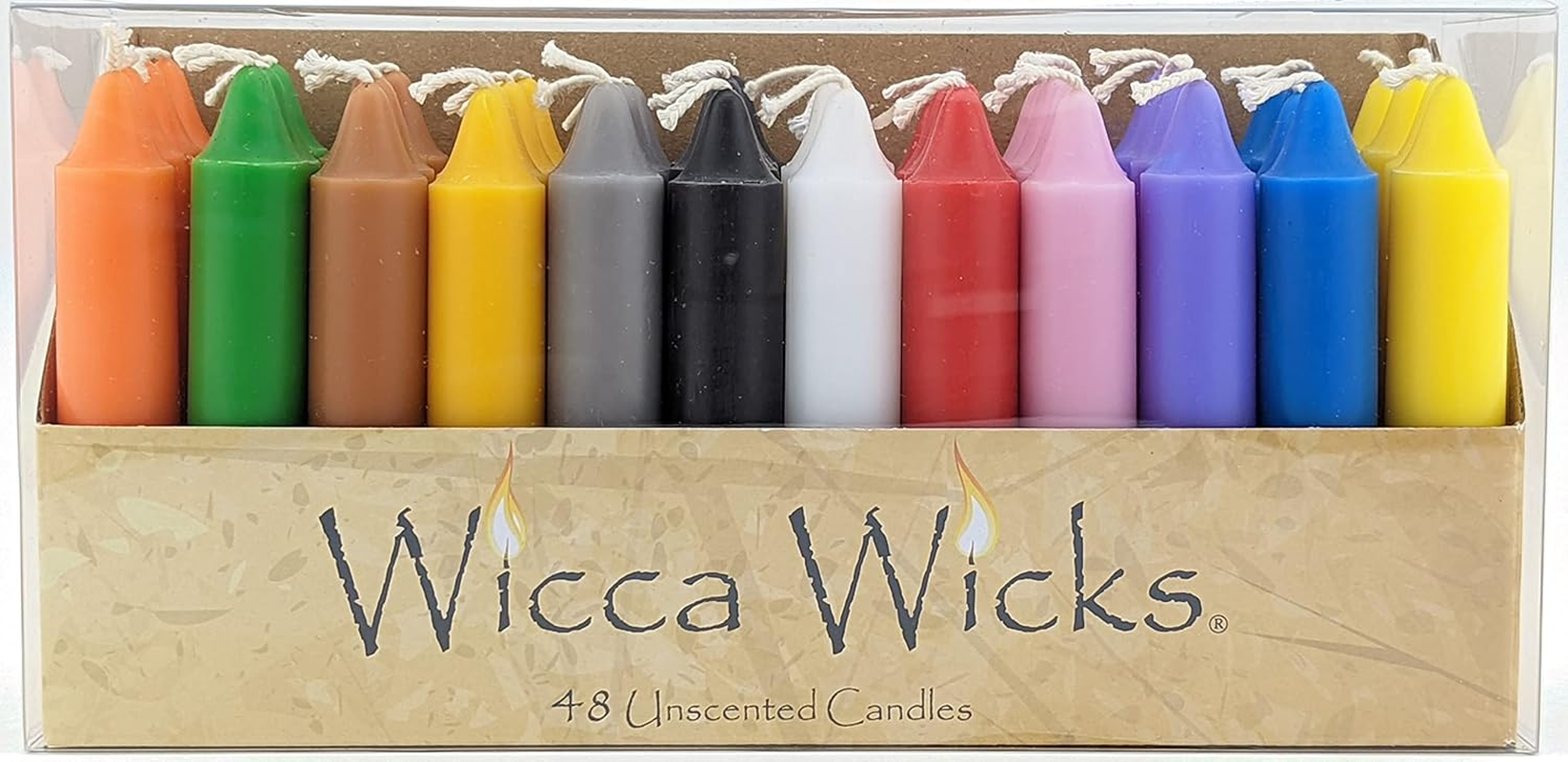 Wicca Wicks - Box of 48 Colored Candles | 4 Inches Tall & 3/4 Inch Diameter | Witchcraft Supplies for Your Personal Wiccan Altar, Spells, Charms & Intentions | Witchy Room Decor | Taper Candlesticks image number 1