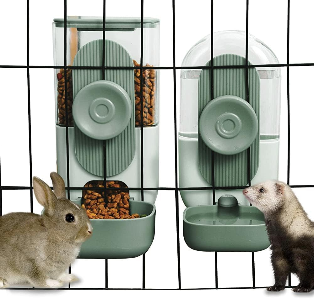Hanging Automatic Food Water Dispenser,Gravity Rabbit Feeder Water Dispenser Set,Cage Cat Water Dispenser,Food Bowl for Bunny Guinea Pig Ferret Water Dispenser (Cage Grid Spacing over 1.2'')