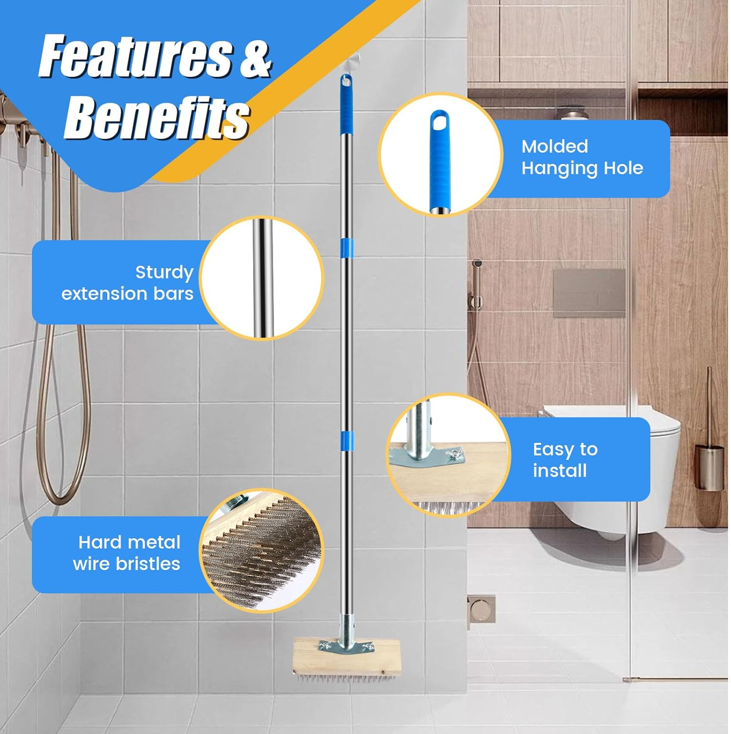 65" Stainless Steel Wire Broom with 4 Detachable Pole, Deck Scrub Brush with Long Handle, Stiff Metal Brush, Floor Scrub Bristles Brush, Tile Deck Cleaning Tool for Cleaning Moss Grout Algae Weed image number 1