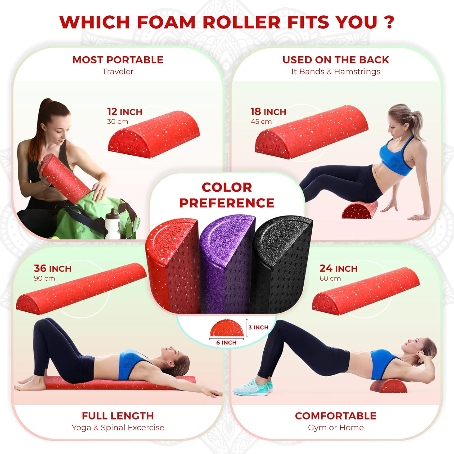 Yes4All Half Foam Roller EPP Roller 30Cm/45Cm/60Cm/90Cm - (12/18/24/36Inch) for Tissue and Muscle Massage, Back, Legs Foam Rollers for Balance, Exercise and Pilates Multicolor image number 4
