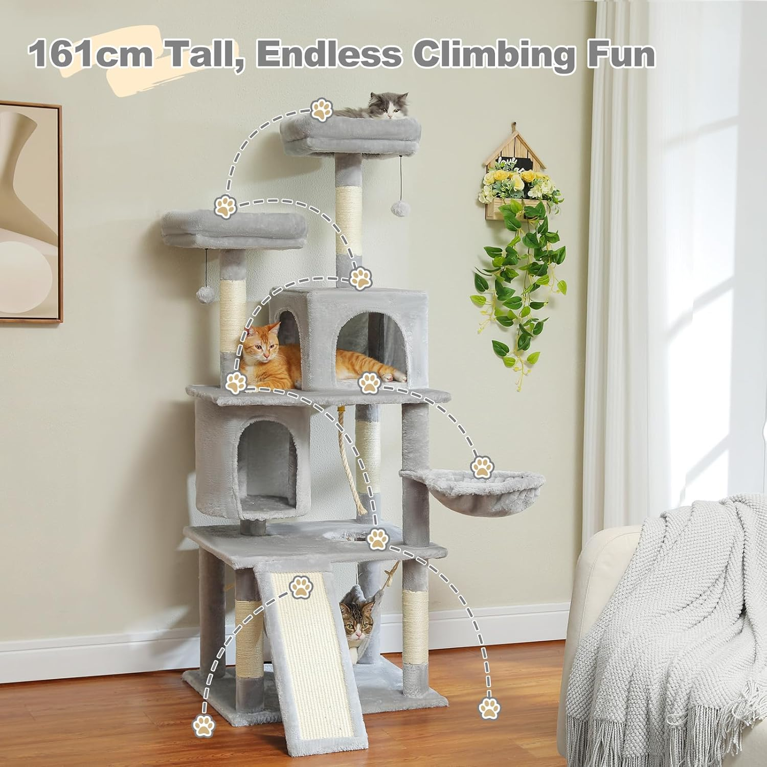 PAWZ Road 161Cm Large Cat Tree, Multi-Level Cat Tower with 2 Luxury Condos, 2 Cozy Perches and Hammock Grey image number 2