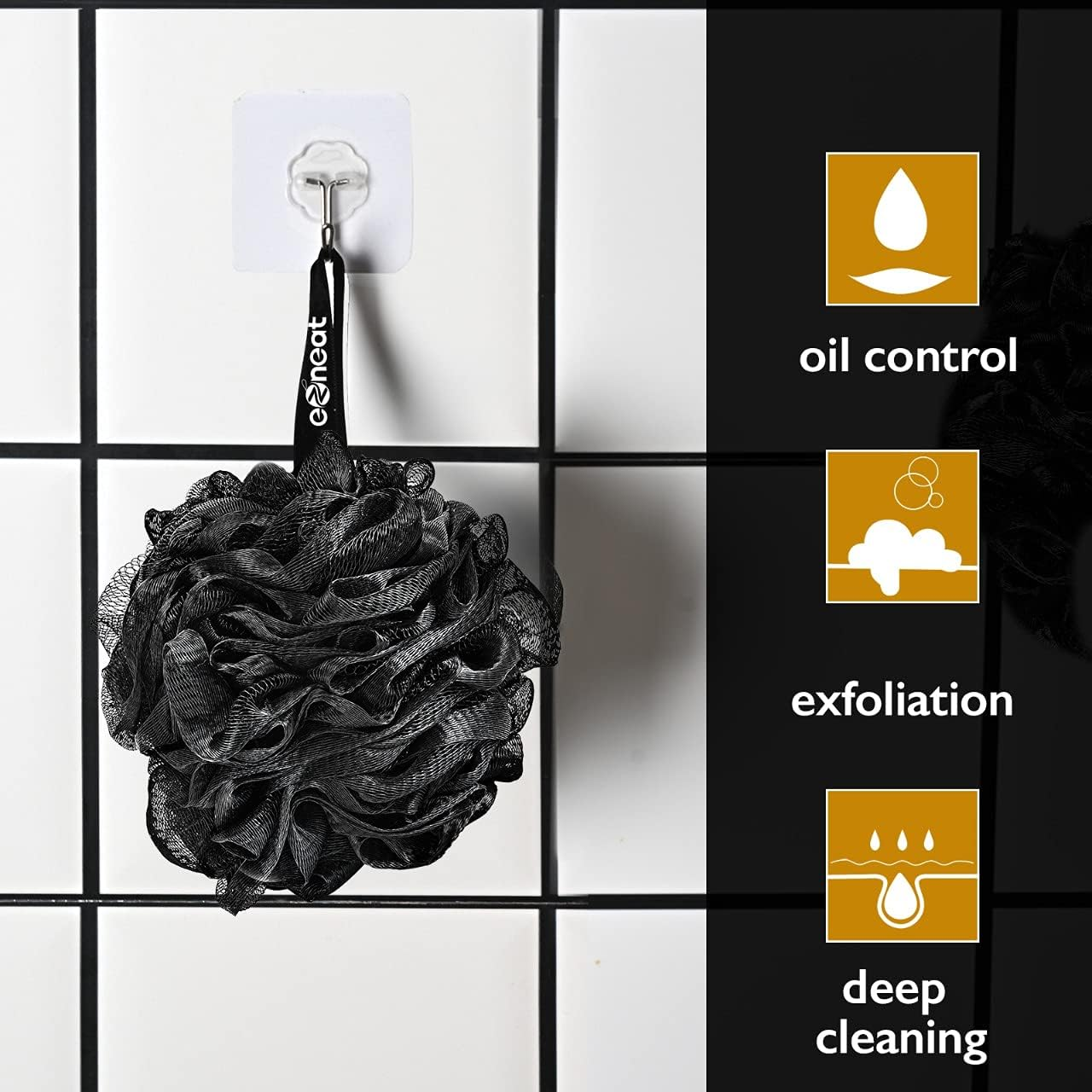 Ezneat Loofah Shower Puff 3Pcs - Ultra Soft Mesh Bath Sponges for Adults Exfoliating, Scrubbing and Cleaning - Body Scrubbers for Use in Shower - Black