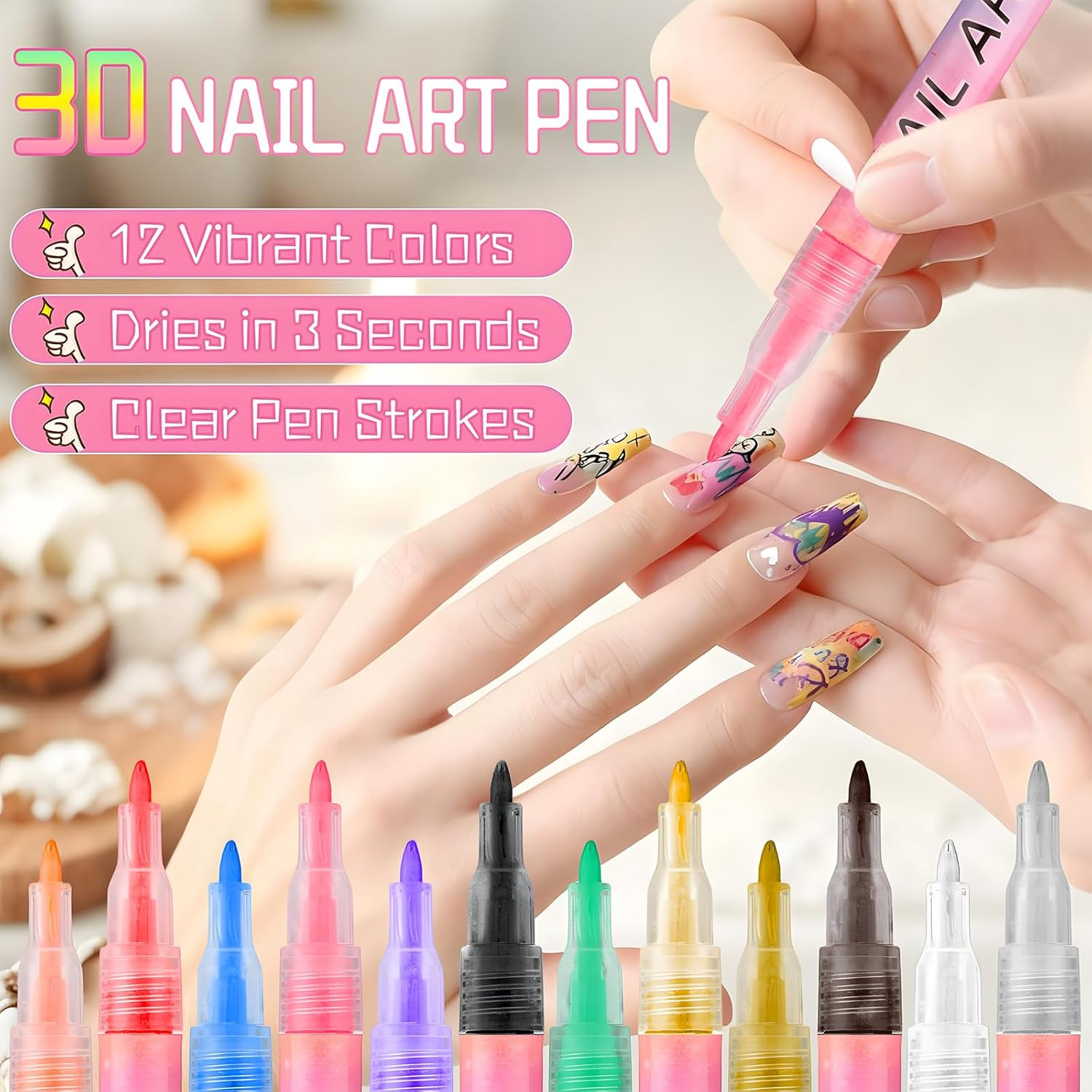 12 Colors Nail Art Pens Set, 3D Nail Polish Markers with 0.7Mm Fine Tip, Quick-Dry Acrylic Paint Pens for DIY Nail Art Design, Dotting, Painting | Professional & Beginner Manicure Tools for Home Salon image number 1