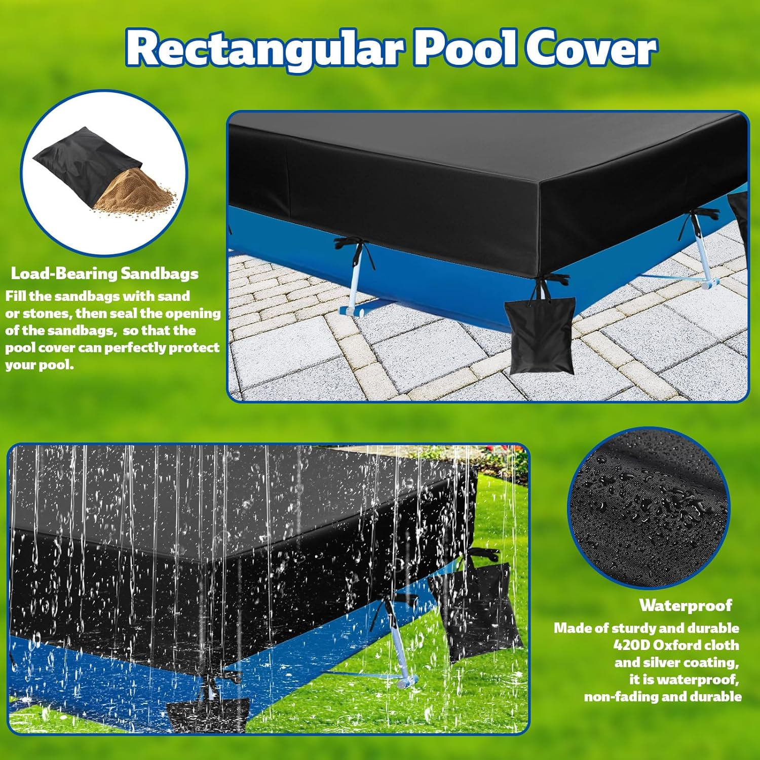 14X7X1 Ft Rectangle Pool Cover for above Ground Pools, Heavy-Duty 210D Oxford Fabric Cover with 4 Sandbags & 1 Storage Bag image number 6