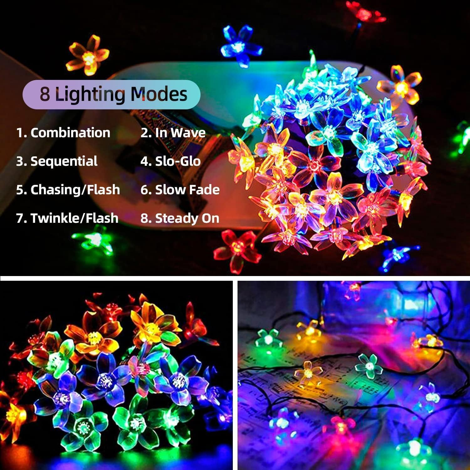 Solar String Lights Garden, 23Ft 8 Modes 50 LED Blossom Solar Powered Fairy Lights Waterproof Outdoor Flower String Lights for Patio, Yard, Home, Lawn, Party Decorations (Multicolor, 7M 50Leds)
